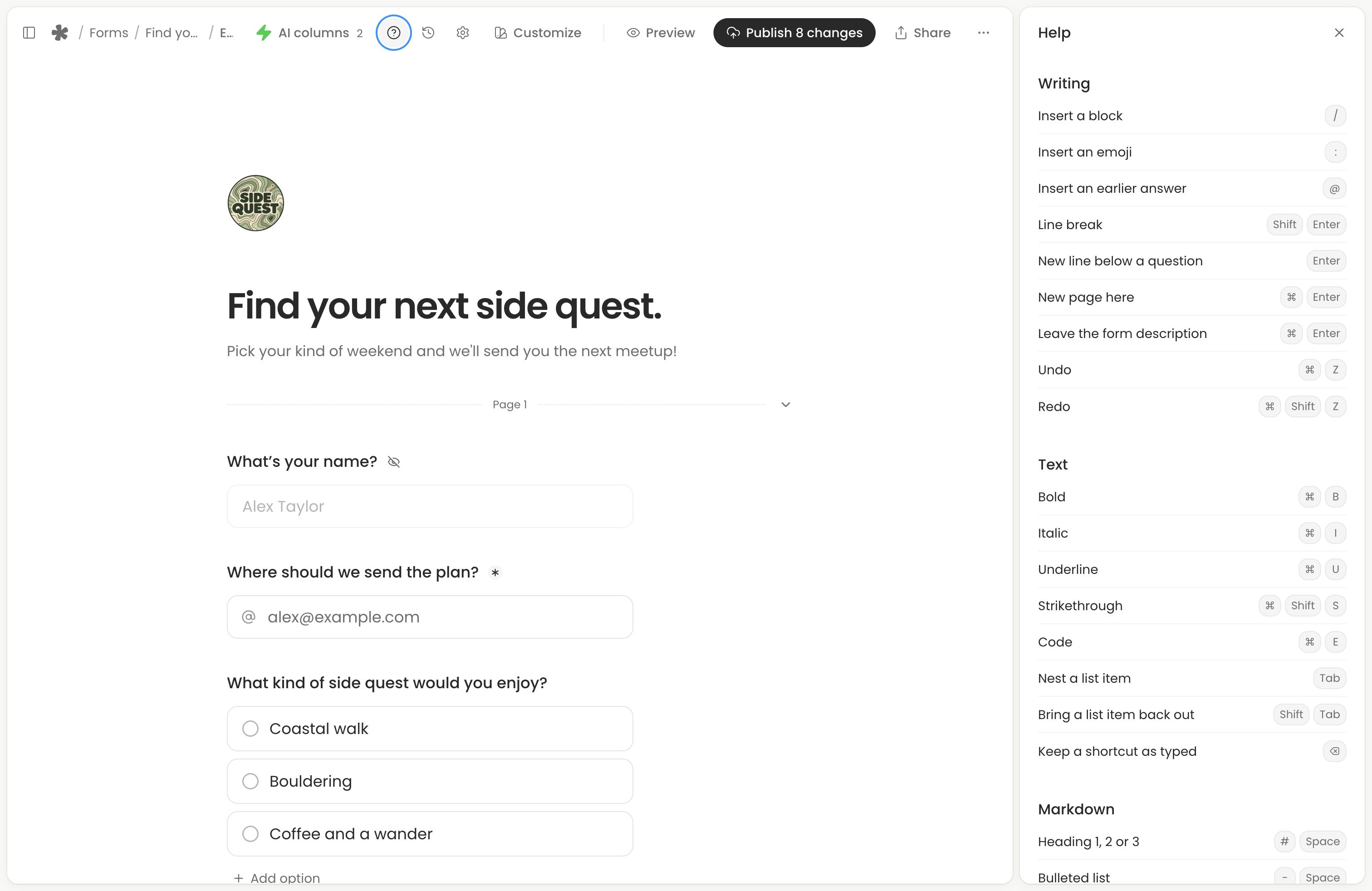 Editor Help panel listing writing, formatting and list shortcuts.