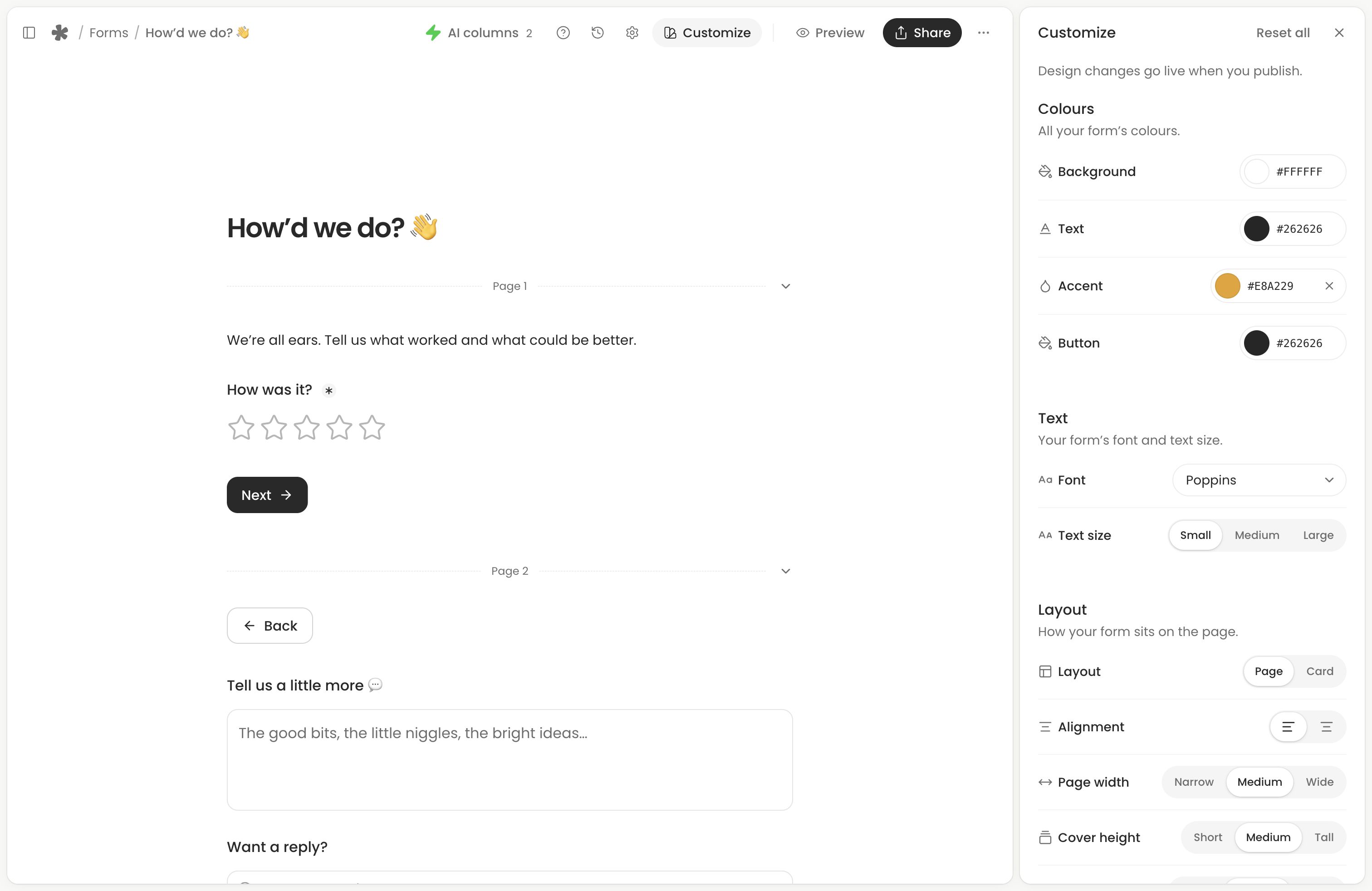 The Customize panel showing colour, font and layout controls beside an existing feedback form.