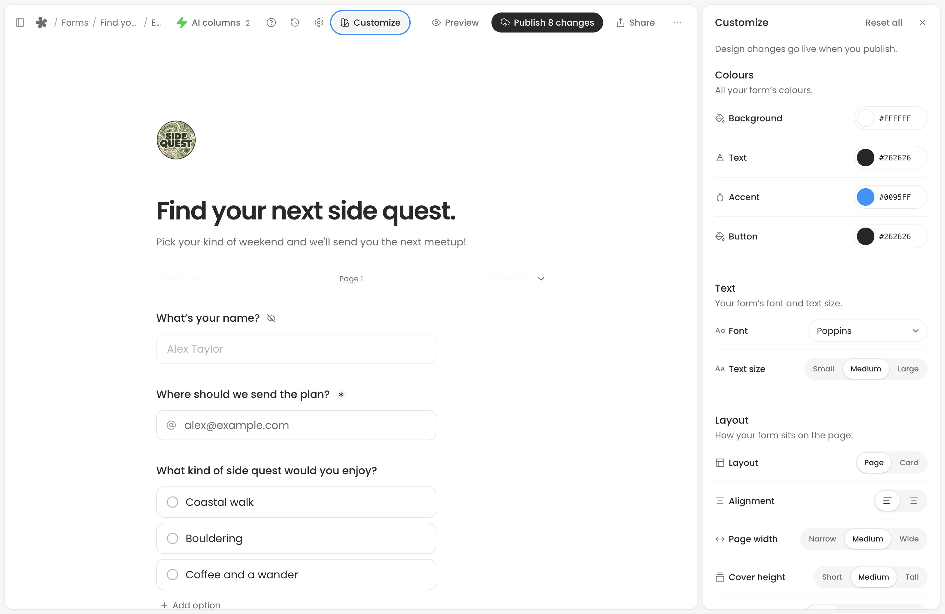 Customize panel with colour, font and layout controls beside the form.