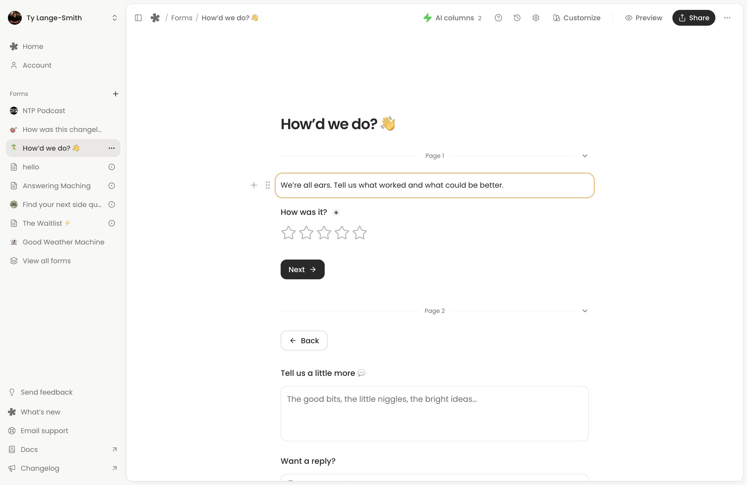 A feedback form in the editor with its introductory text selected.
