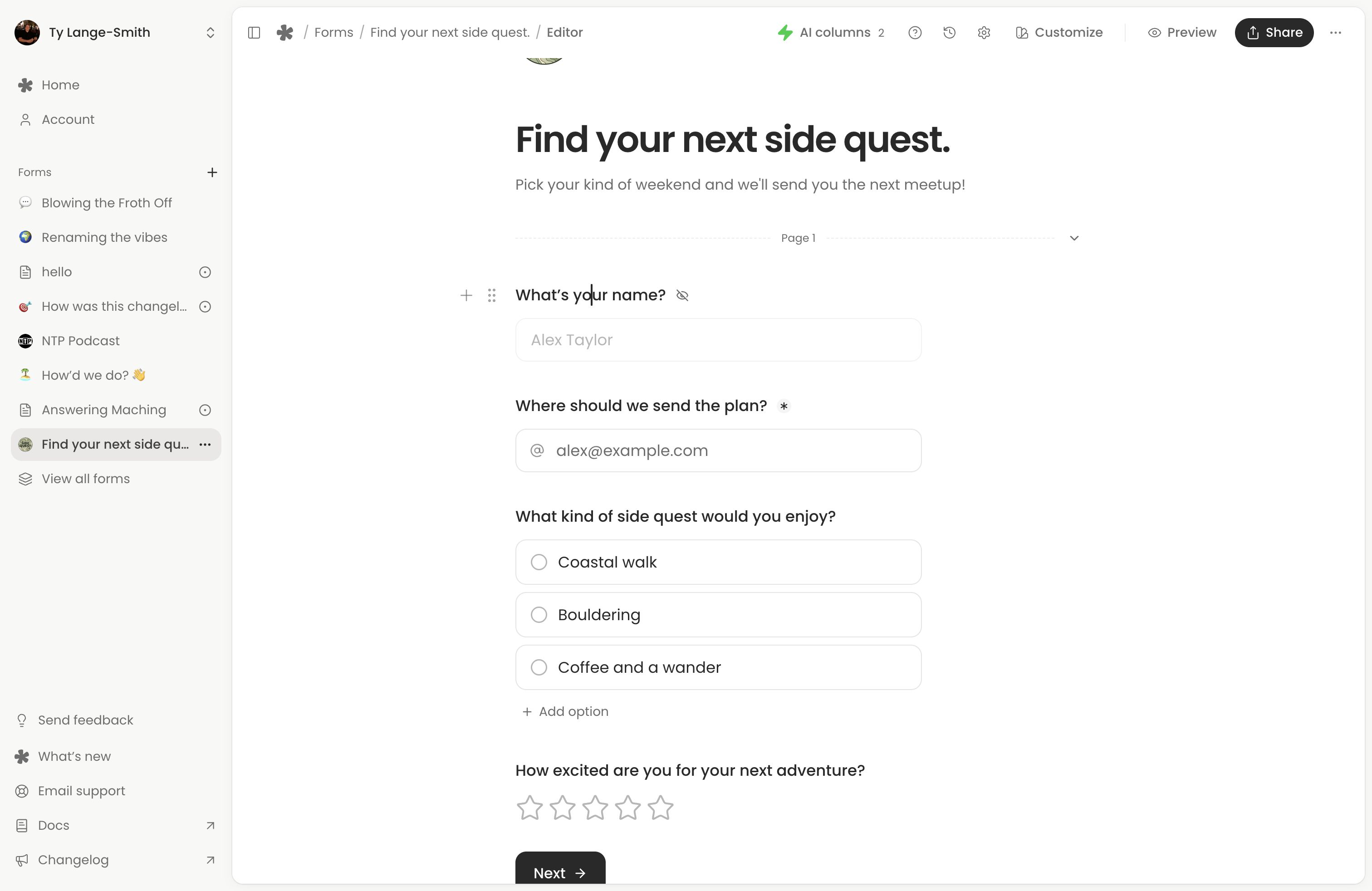 Sidequest editor with introductory text, a hidden name field, email, choices and a rating.
