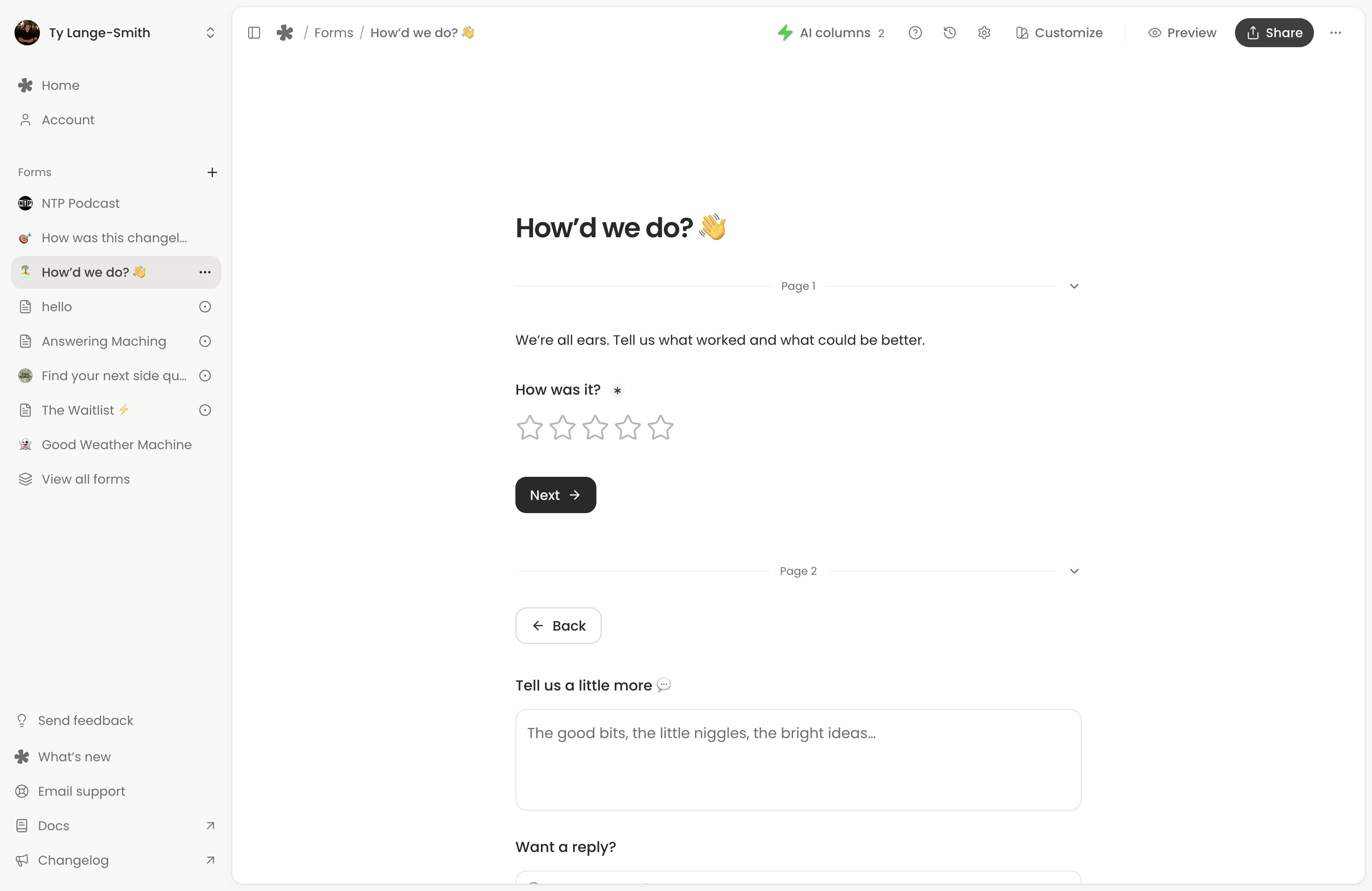 An existing two-page form with a Next button after its rating and a Back button before written feedback.
