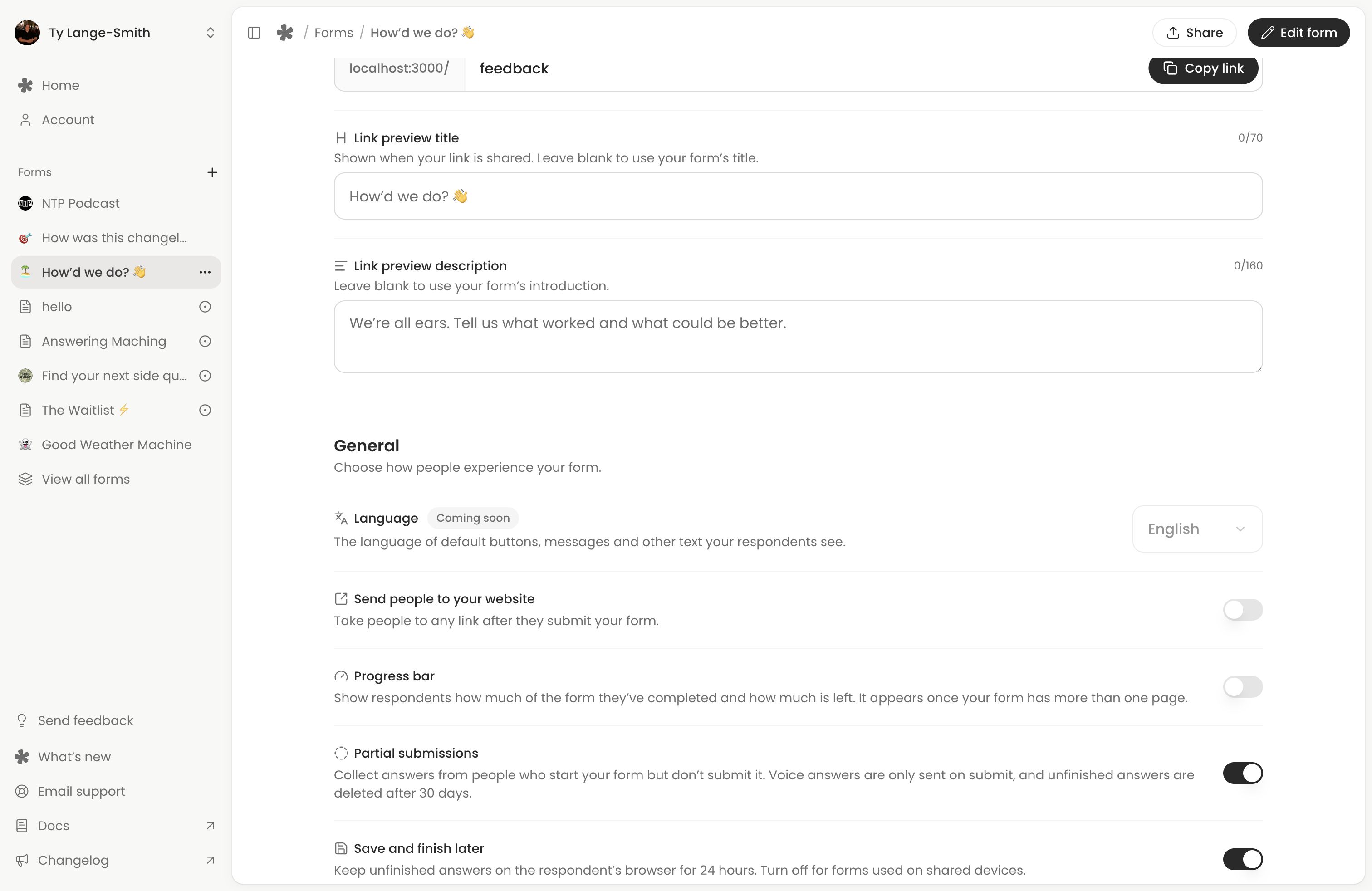 General settings showing Language, Send people to your website, Progress bar and the unfinished-answer switches.