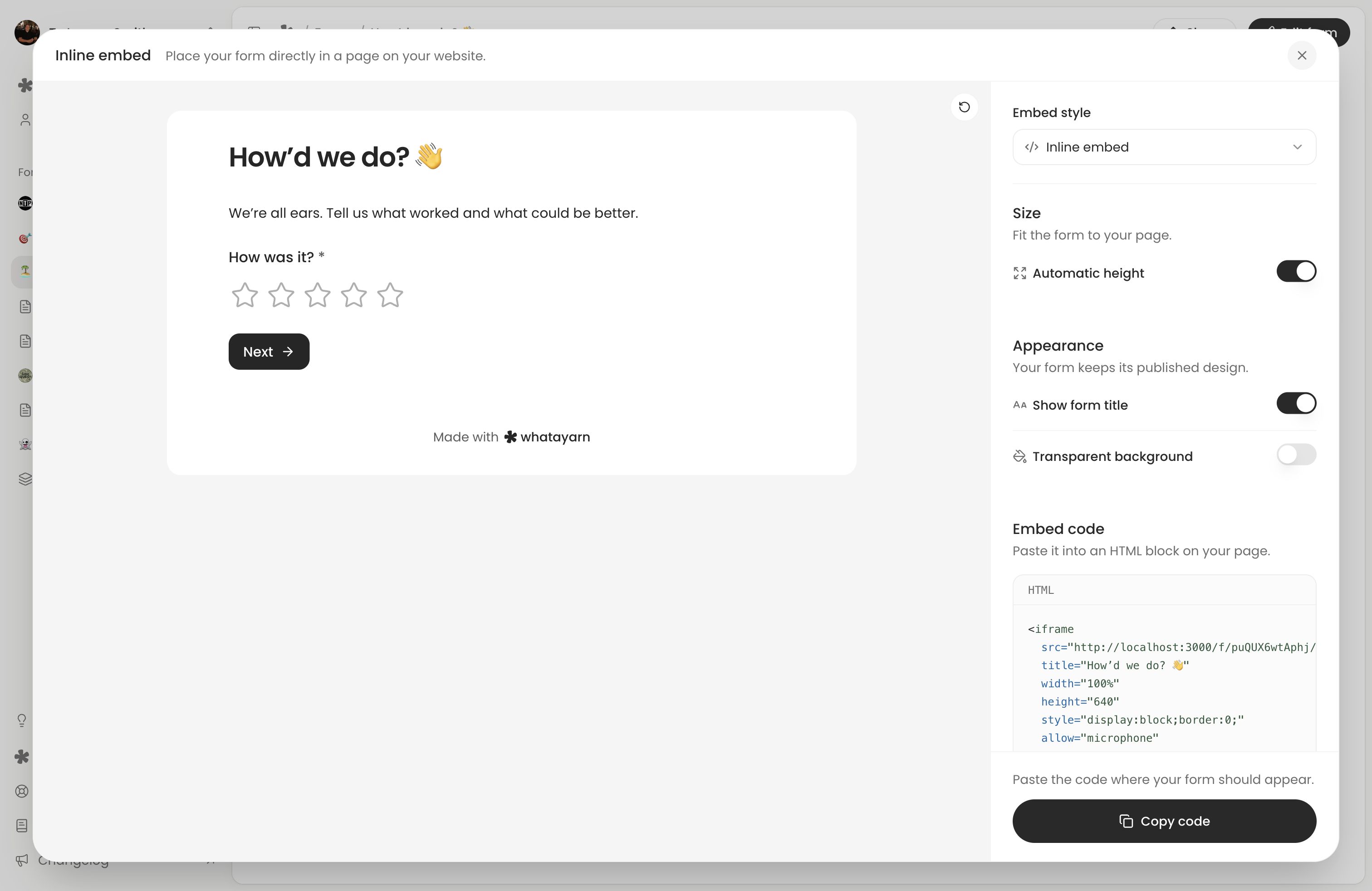 The Inline embed dialog with a live-form preview, automatic height, appearance controls and embed code.