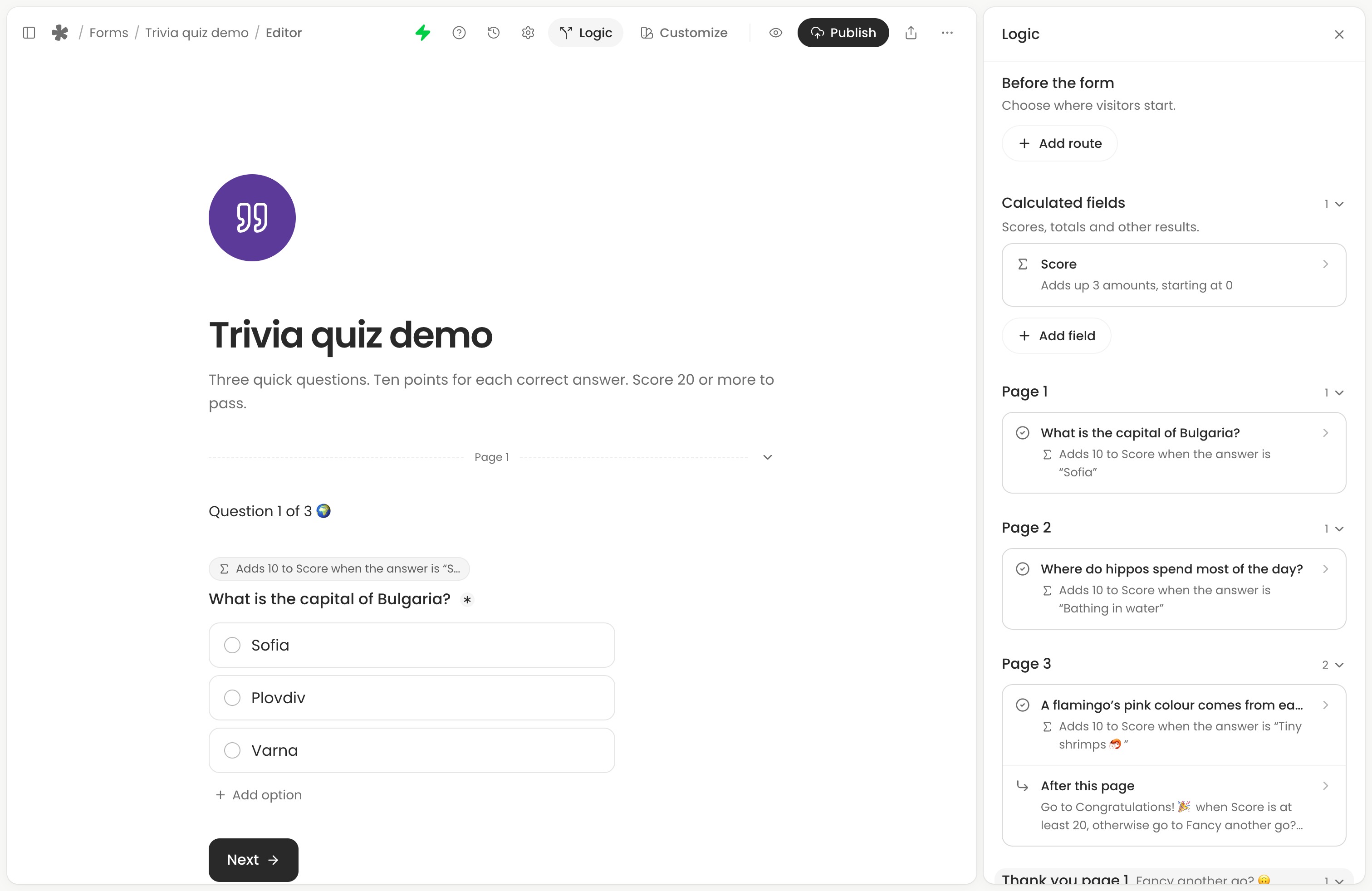 Trivia quiz editor with the Logic panel grouping Score, question calculations and page routing.