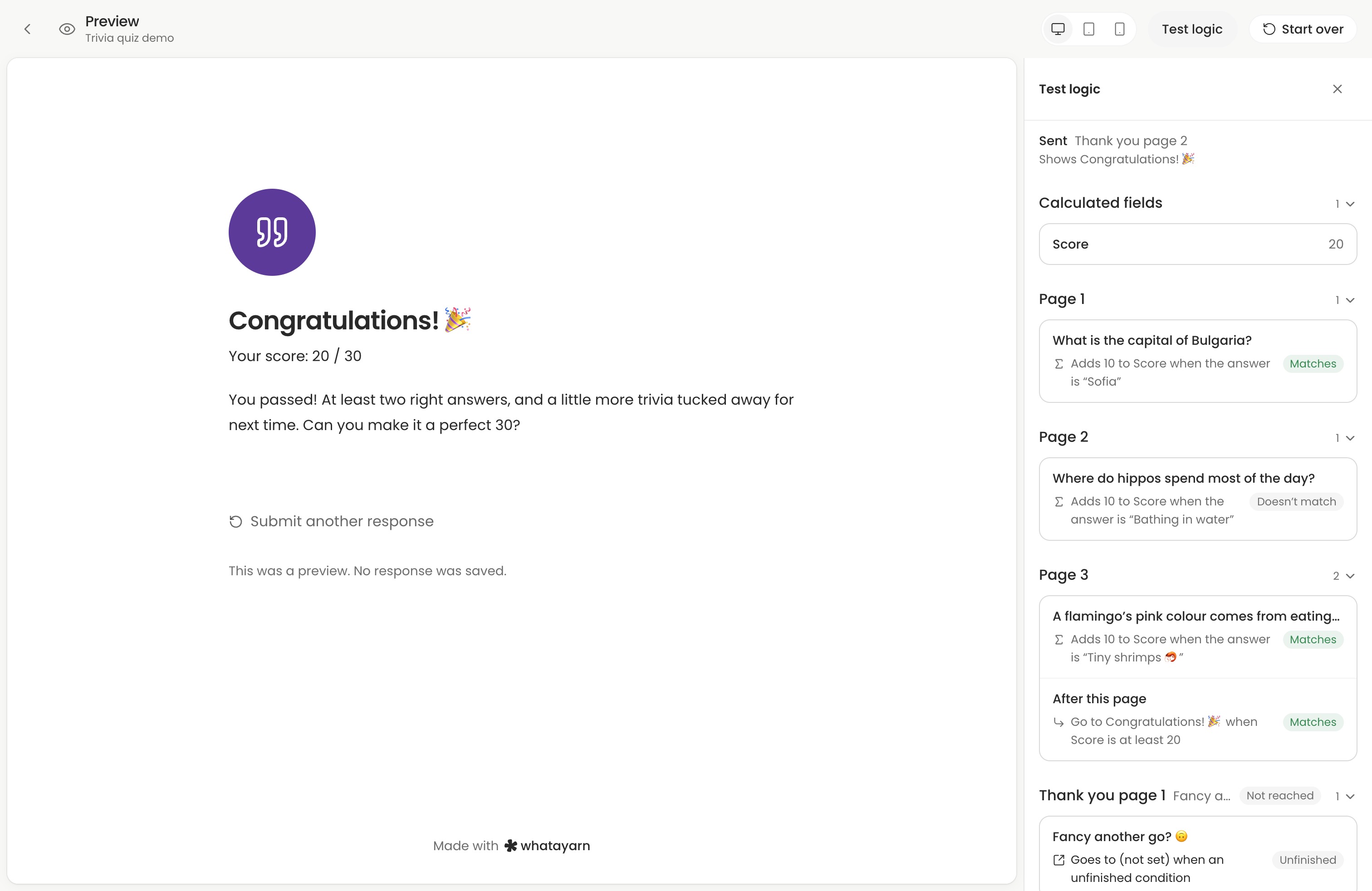Trivia quiz Preview showing Congratulations, a score of 20 out of 30, and the matching conditions in Test logic.