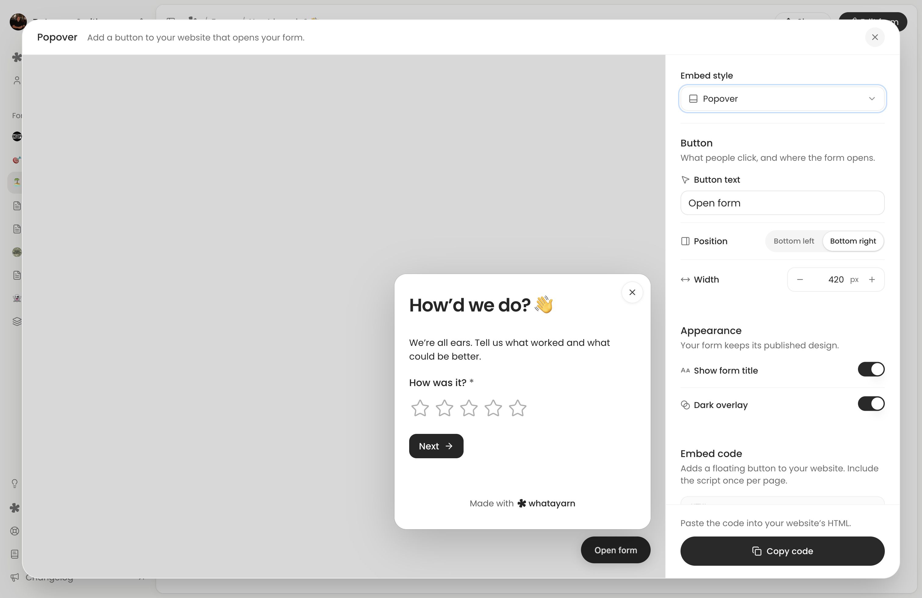 The Popover embed dialog with a form preview and controls for the floating button, position and width.
