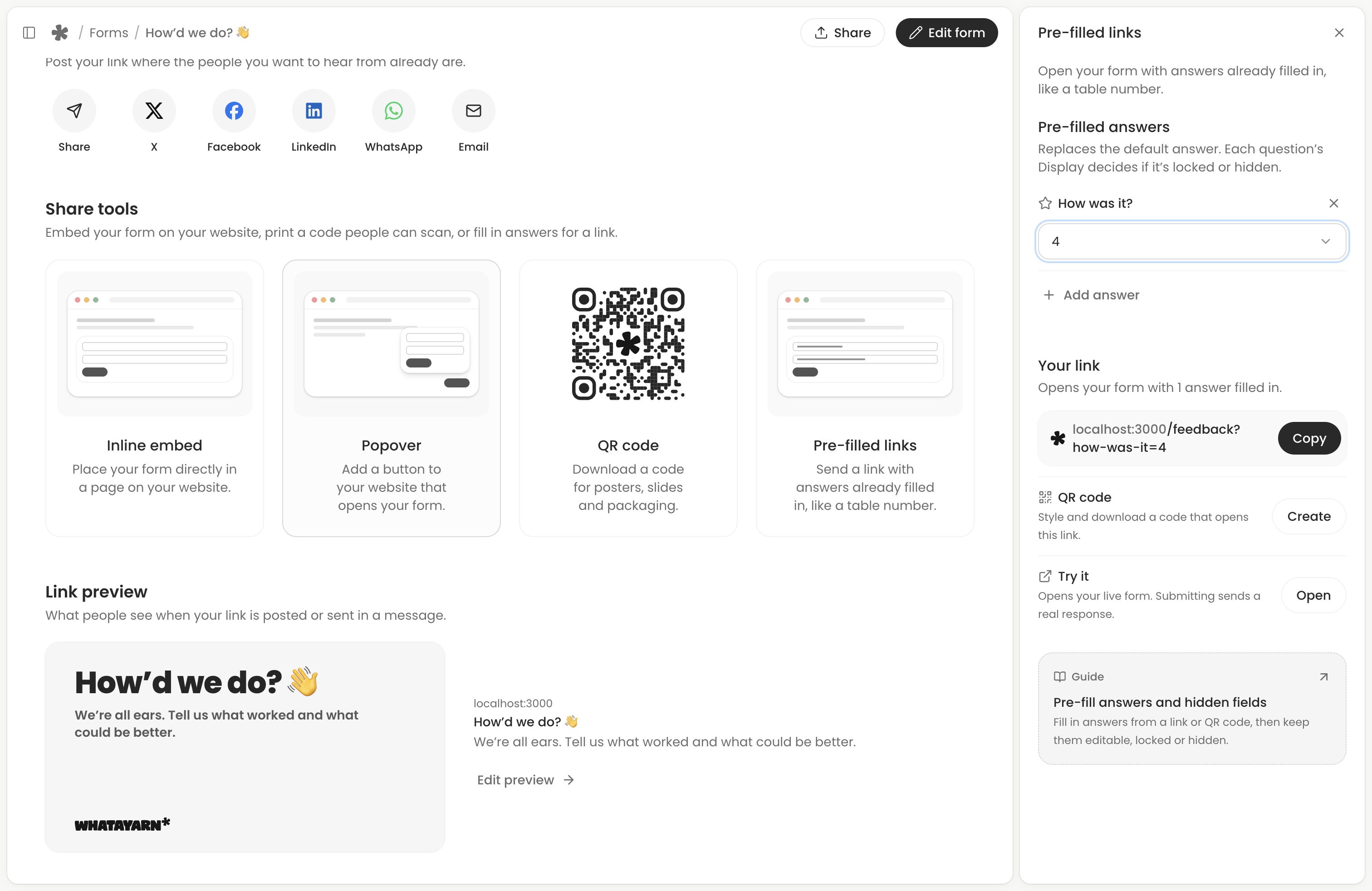 The Pre-filled links panel showing a rating of four and its generated link.