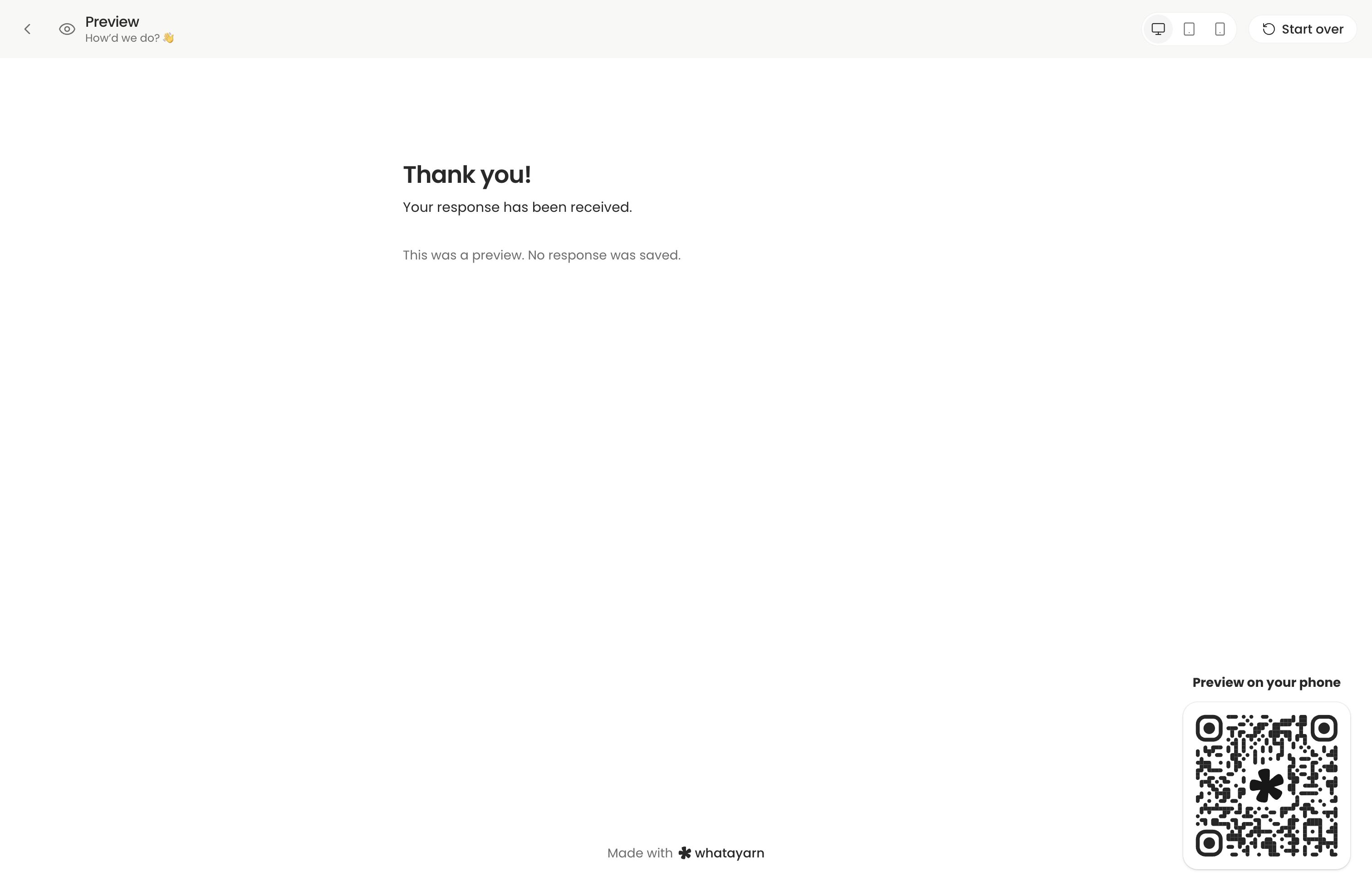 The thank-you confirmation in editor Preview with the message This was a preview. No response was saved.