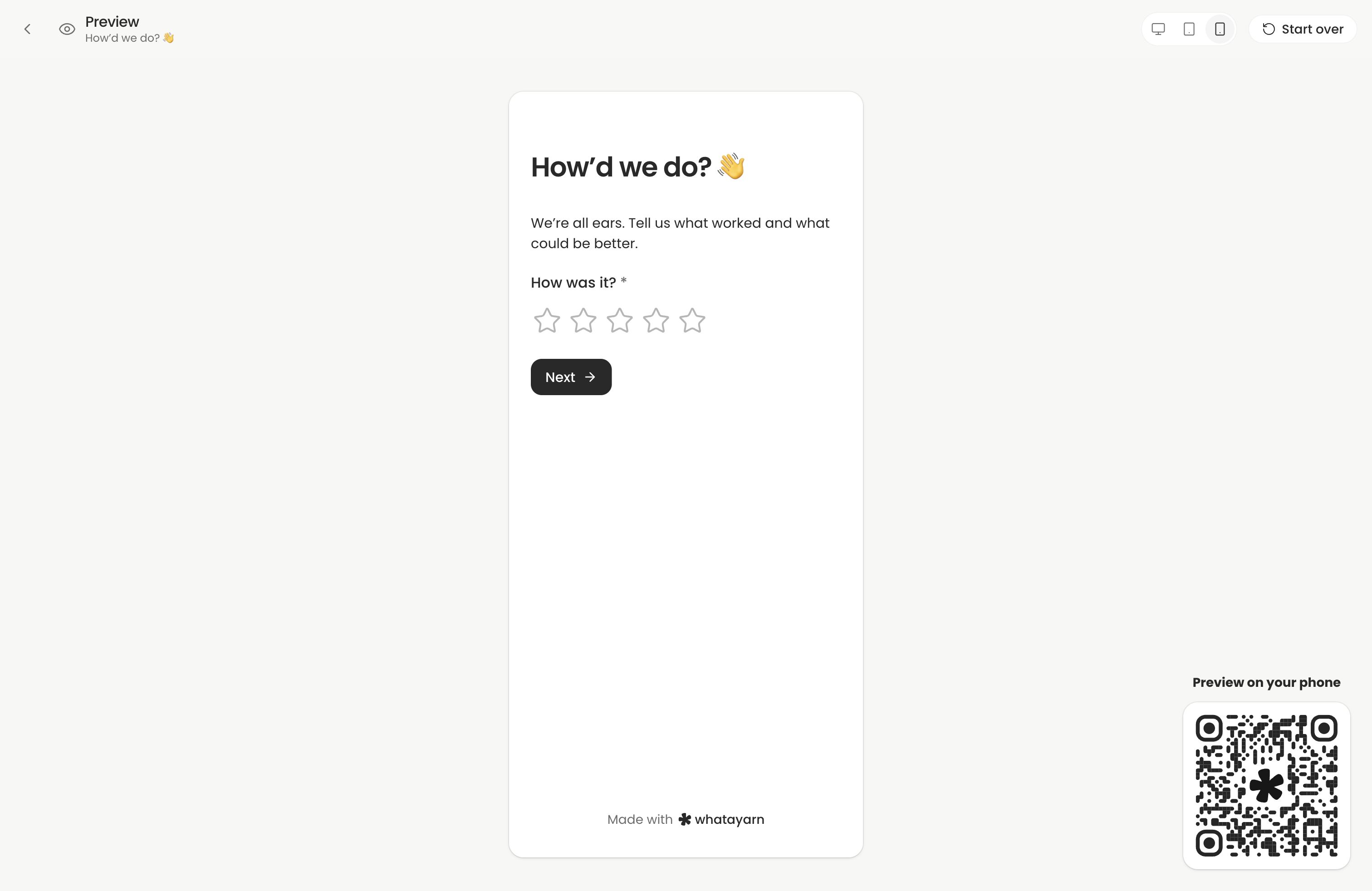 An existing feedback form in editor Preview with the Phone layout selected and Start over visible.