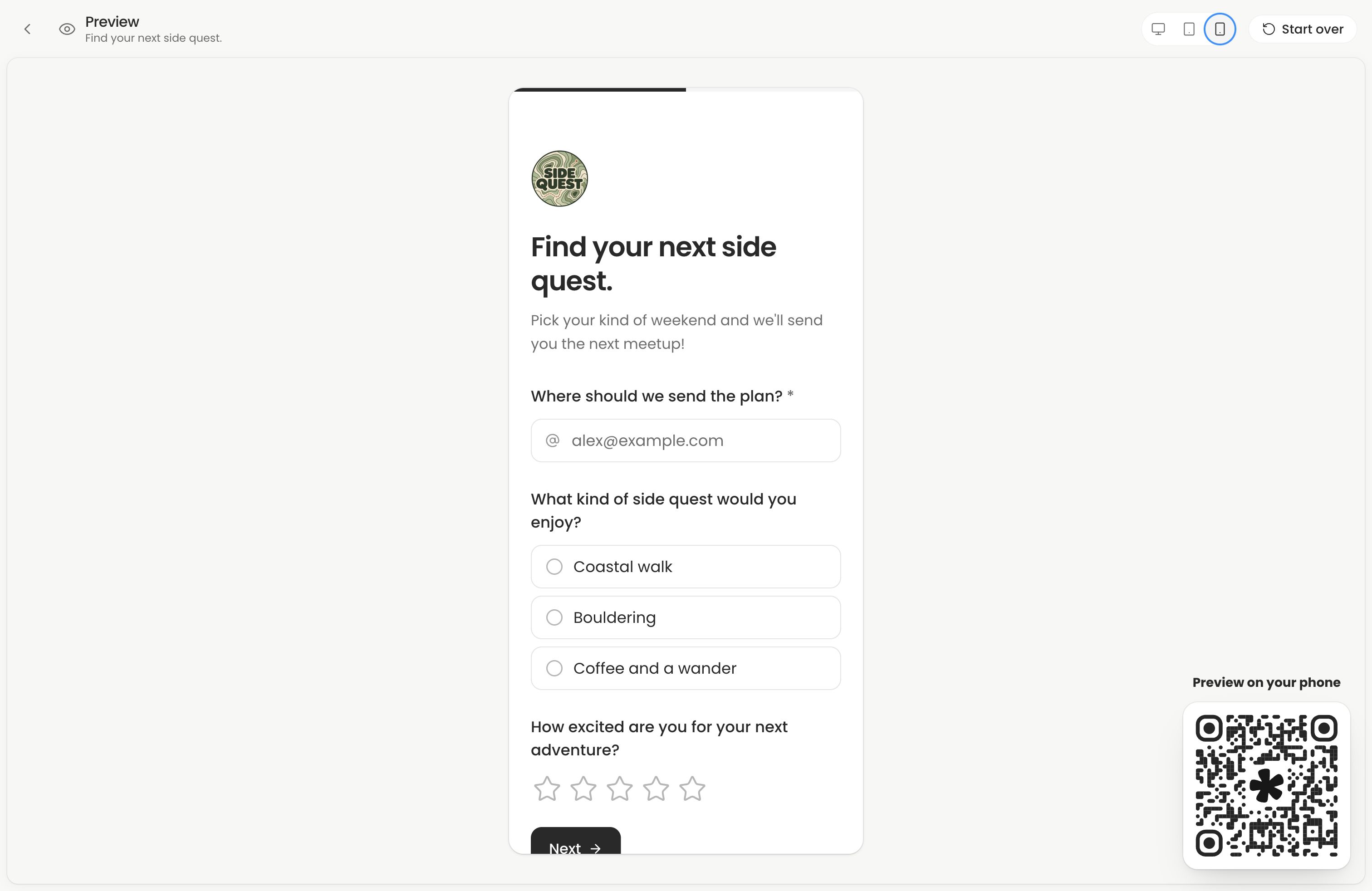 Editor Preview with Phone selected and the form displayed at a narrow width.