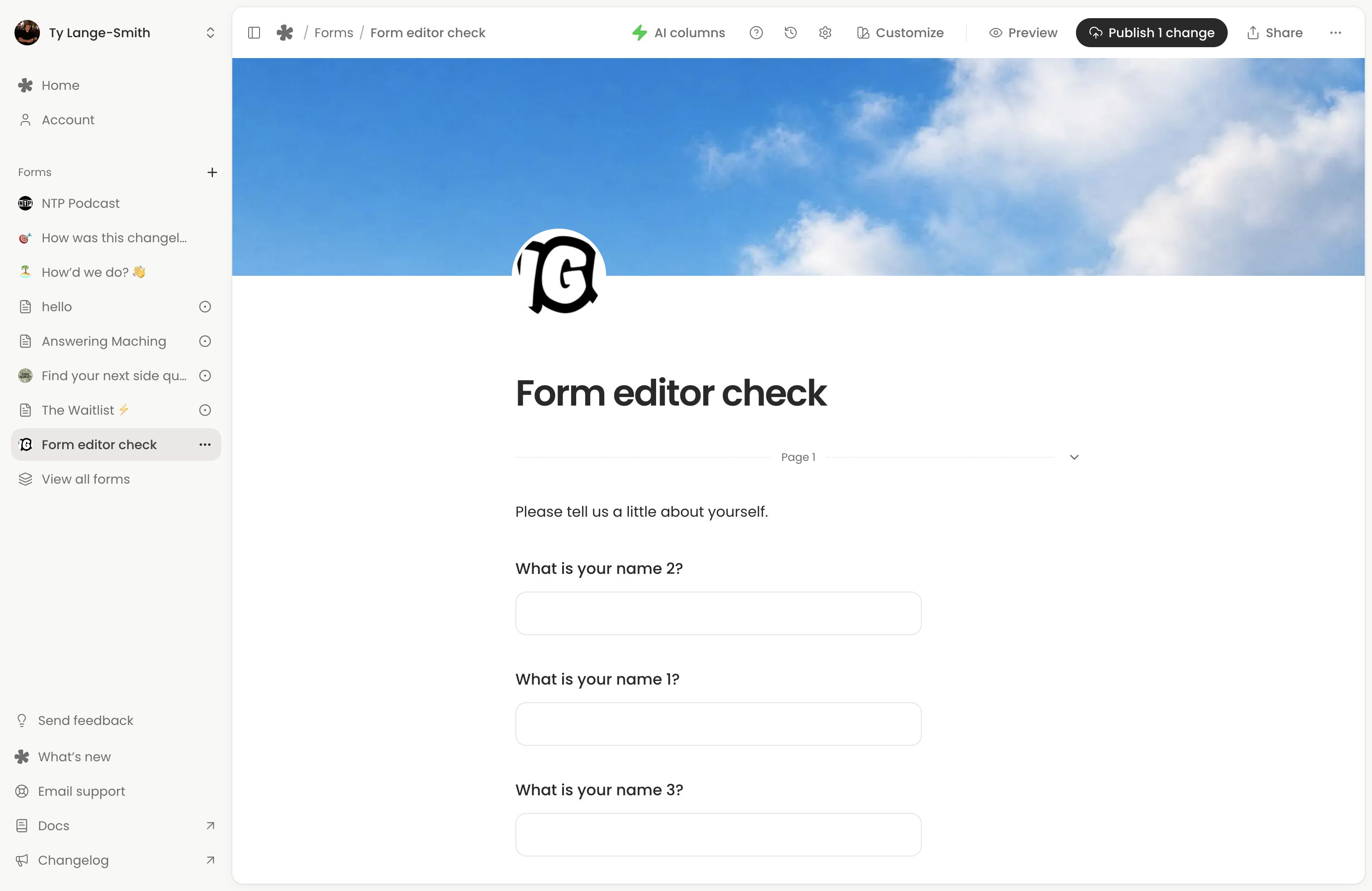 A separate test form in the editor with Publish 1 change and Share in the header.