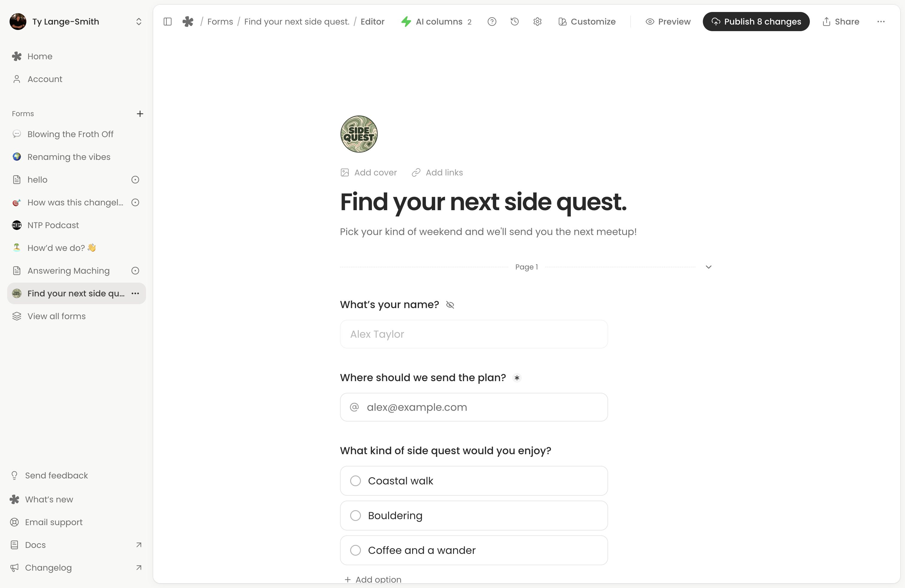 Editor header with Preview, Publish 8 changes and Share controls.