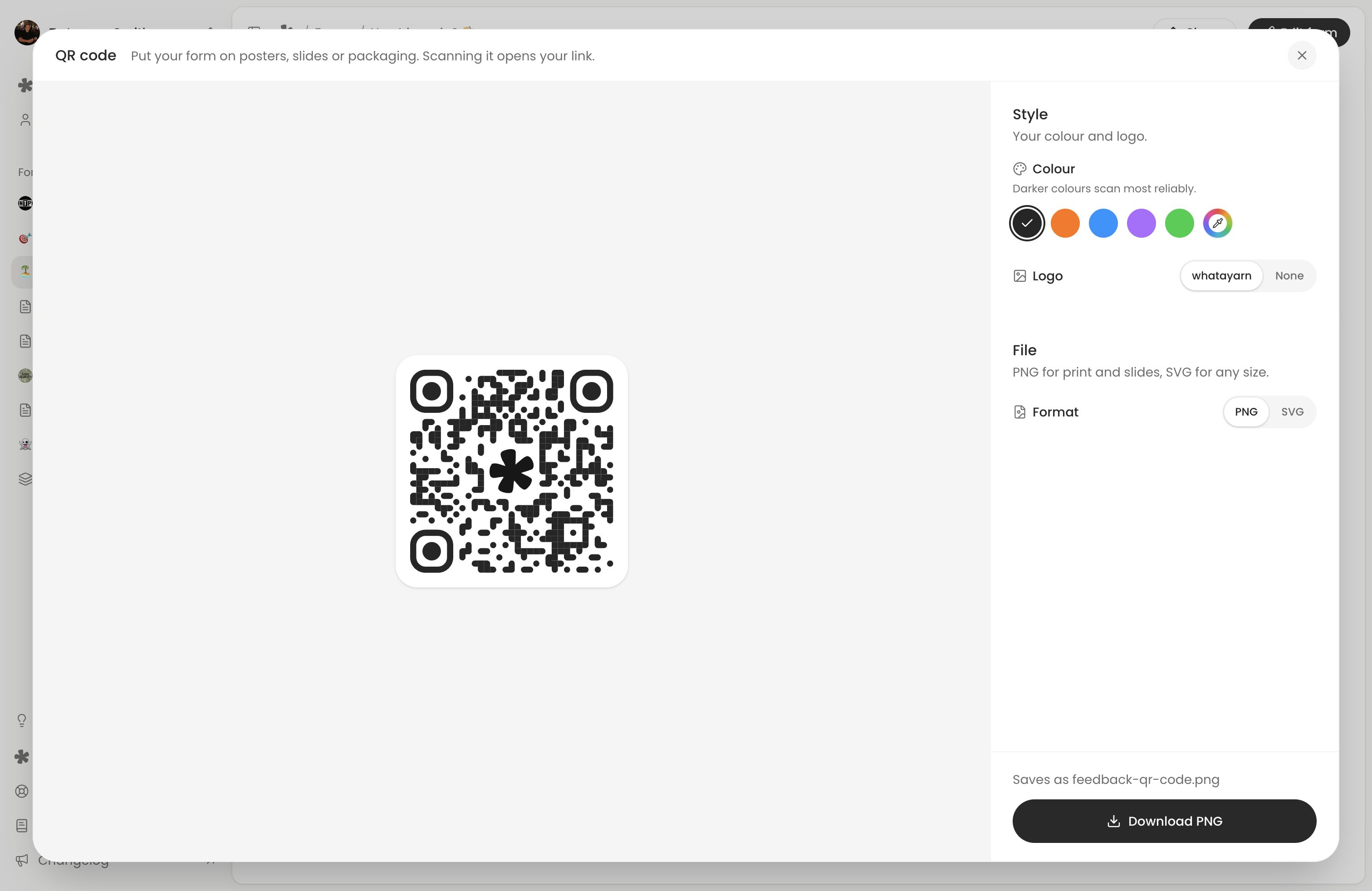 The QR code dialog with a generated code, colour and logo choices, PNG and SVG options, and Download PNG.