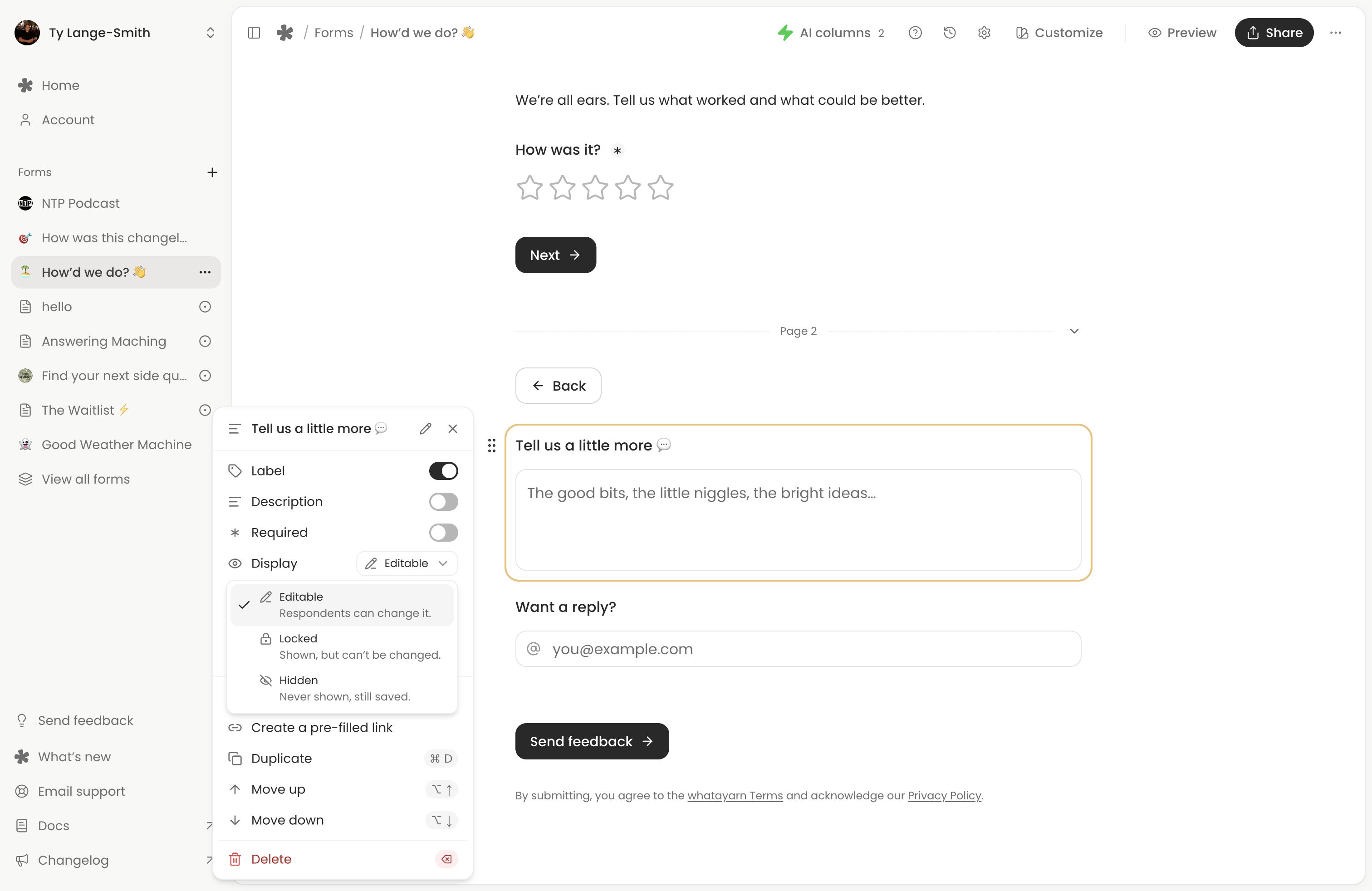 An existing question's Display menu with Editable, Locked and Hidden options.