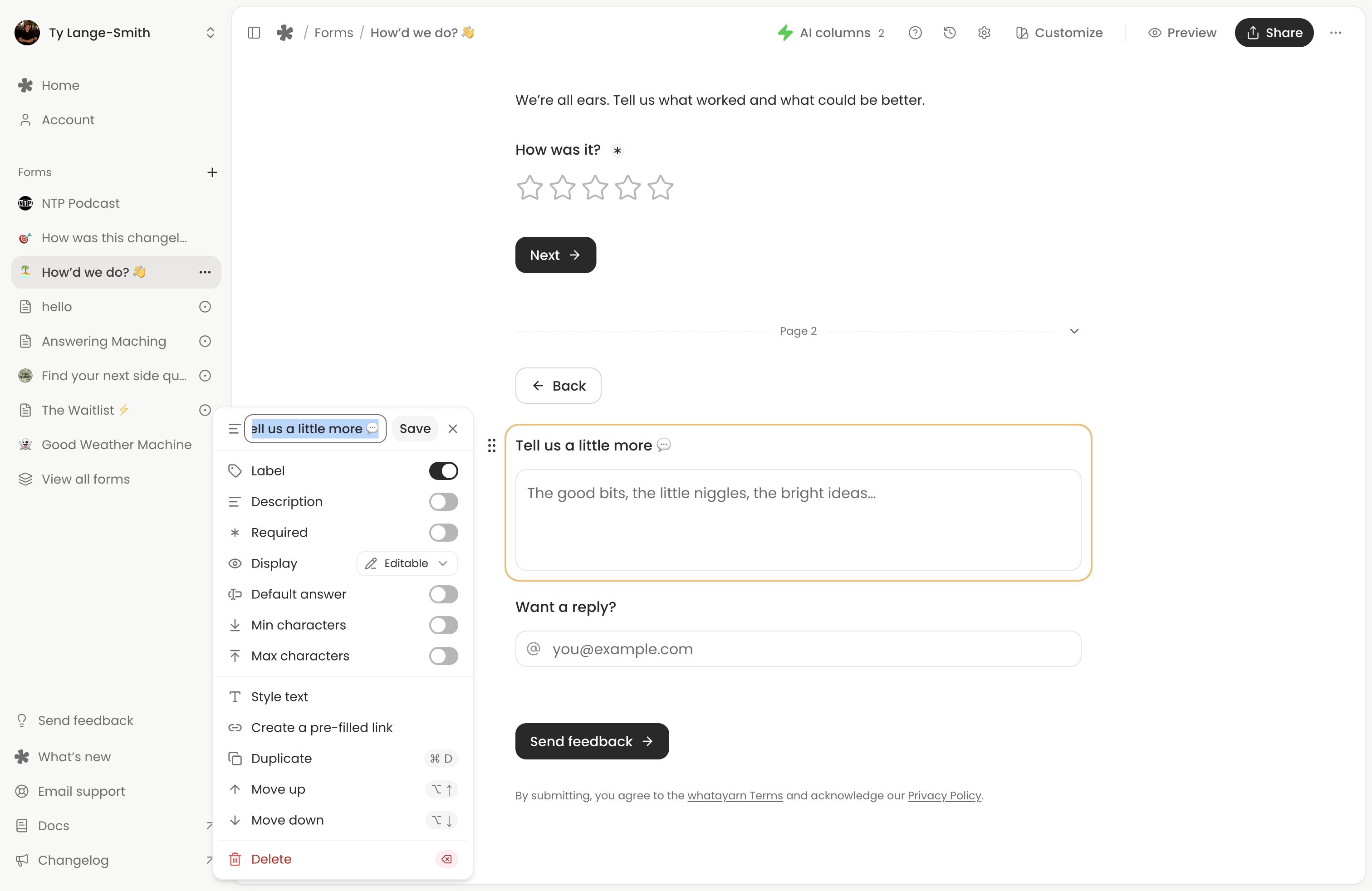 The question menu with the existing Name in responses field selected and Save beside it.