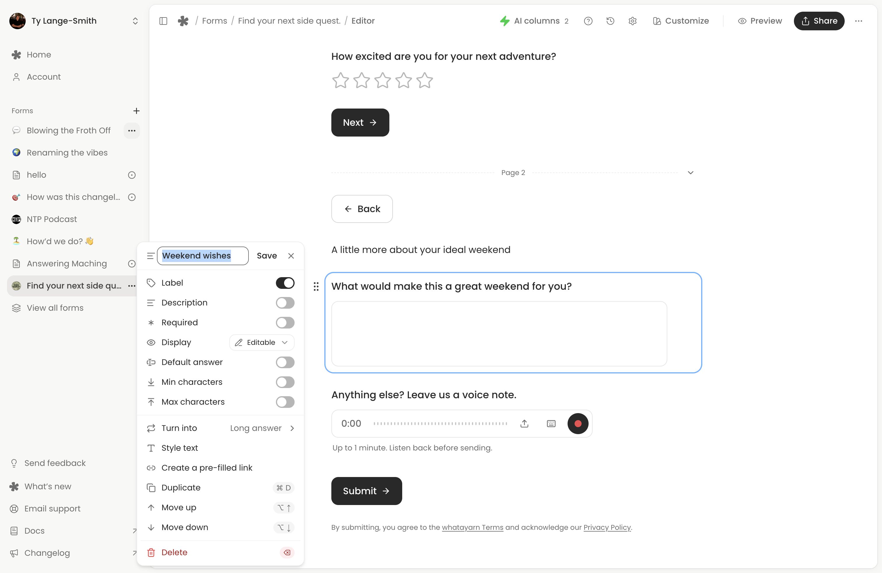 Question menu with the name field selected and Save beside it.