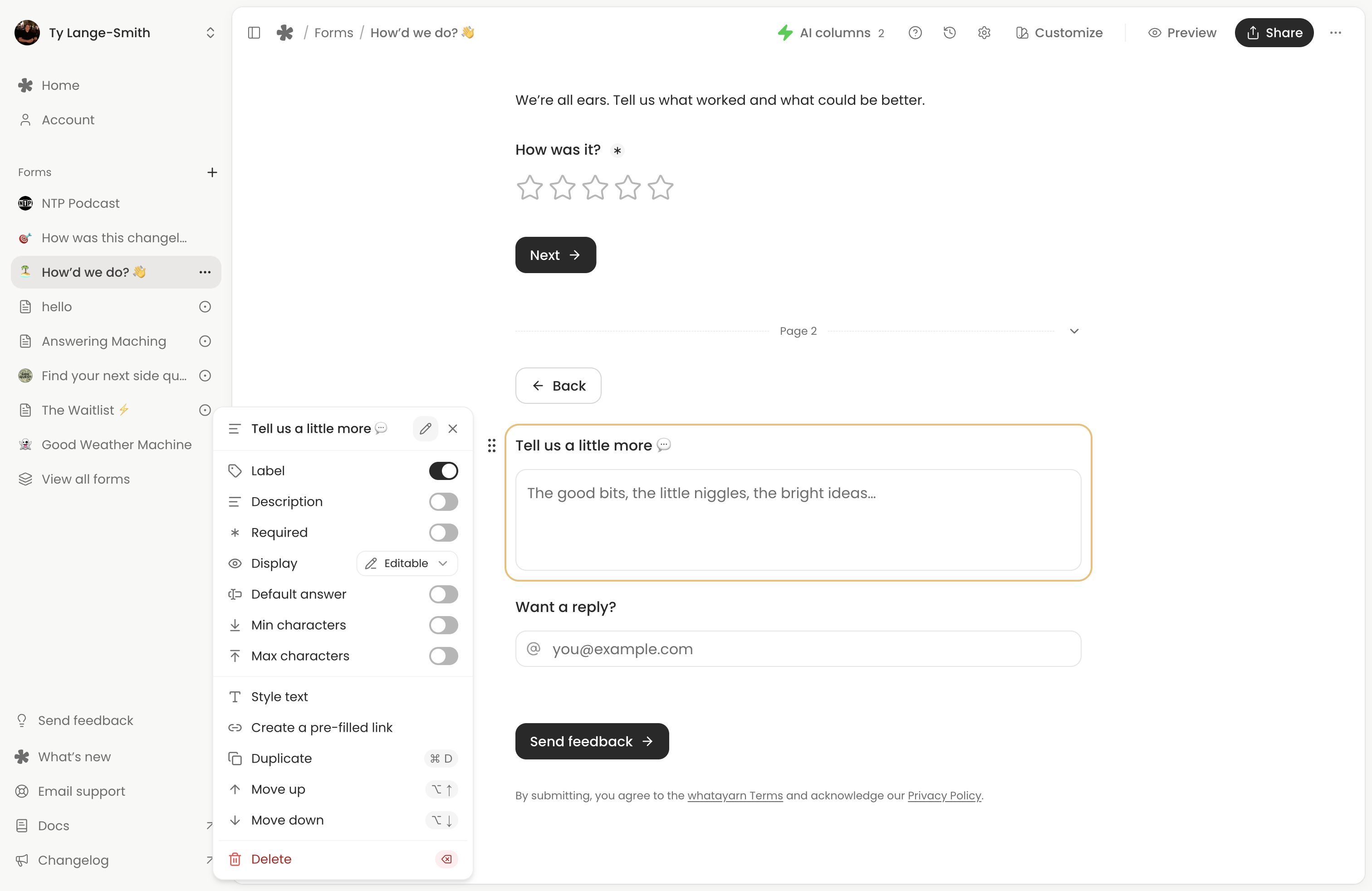 A long-answer question selected with its block settings showing Label, Description, Required, Display, defaults and character limits.