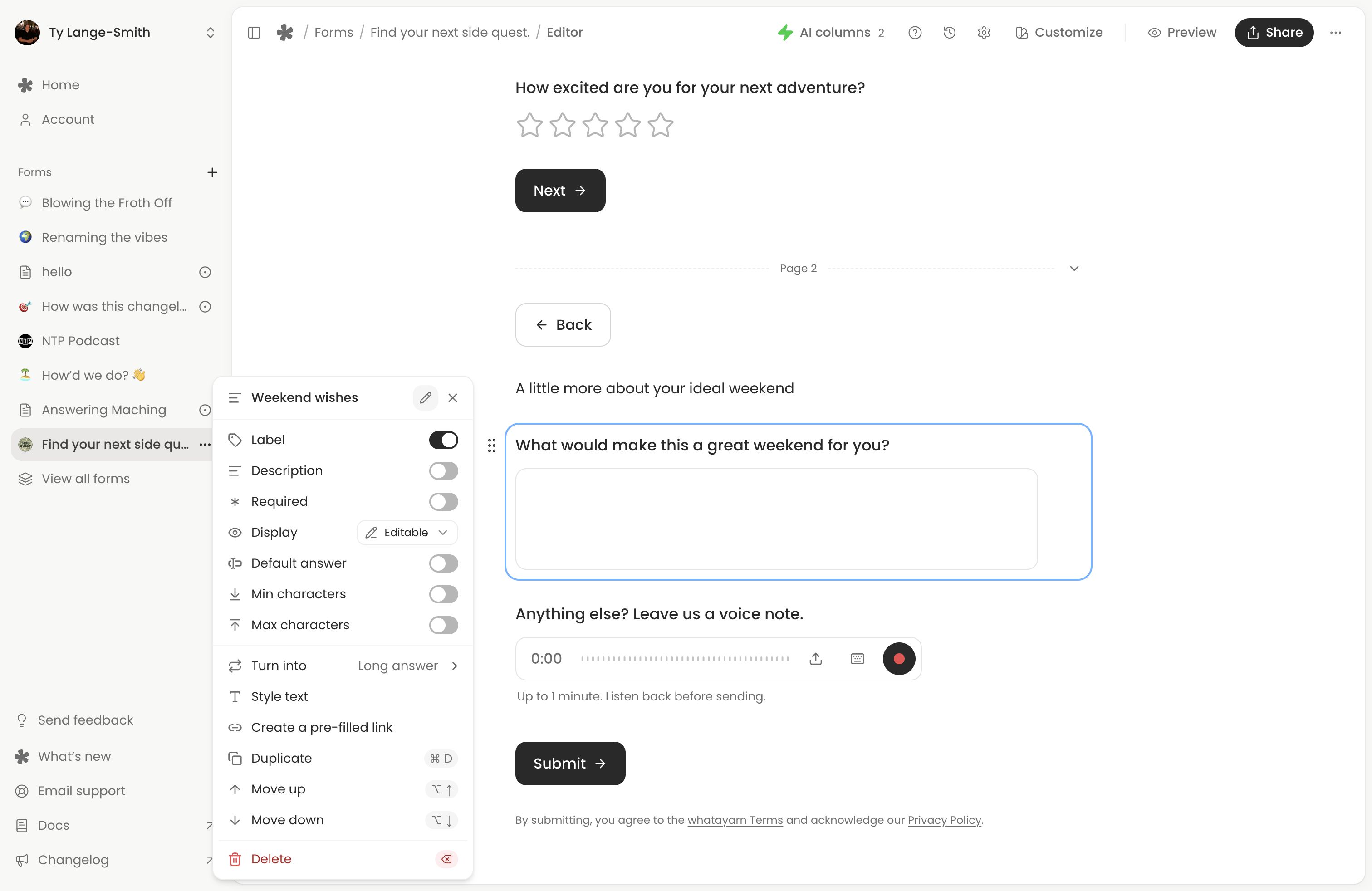 Long answer menu showing Label, Description, Required and character-limit settings.