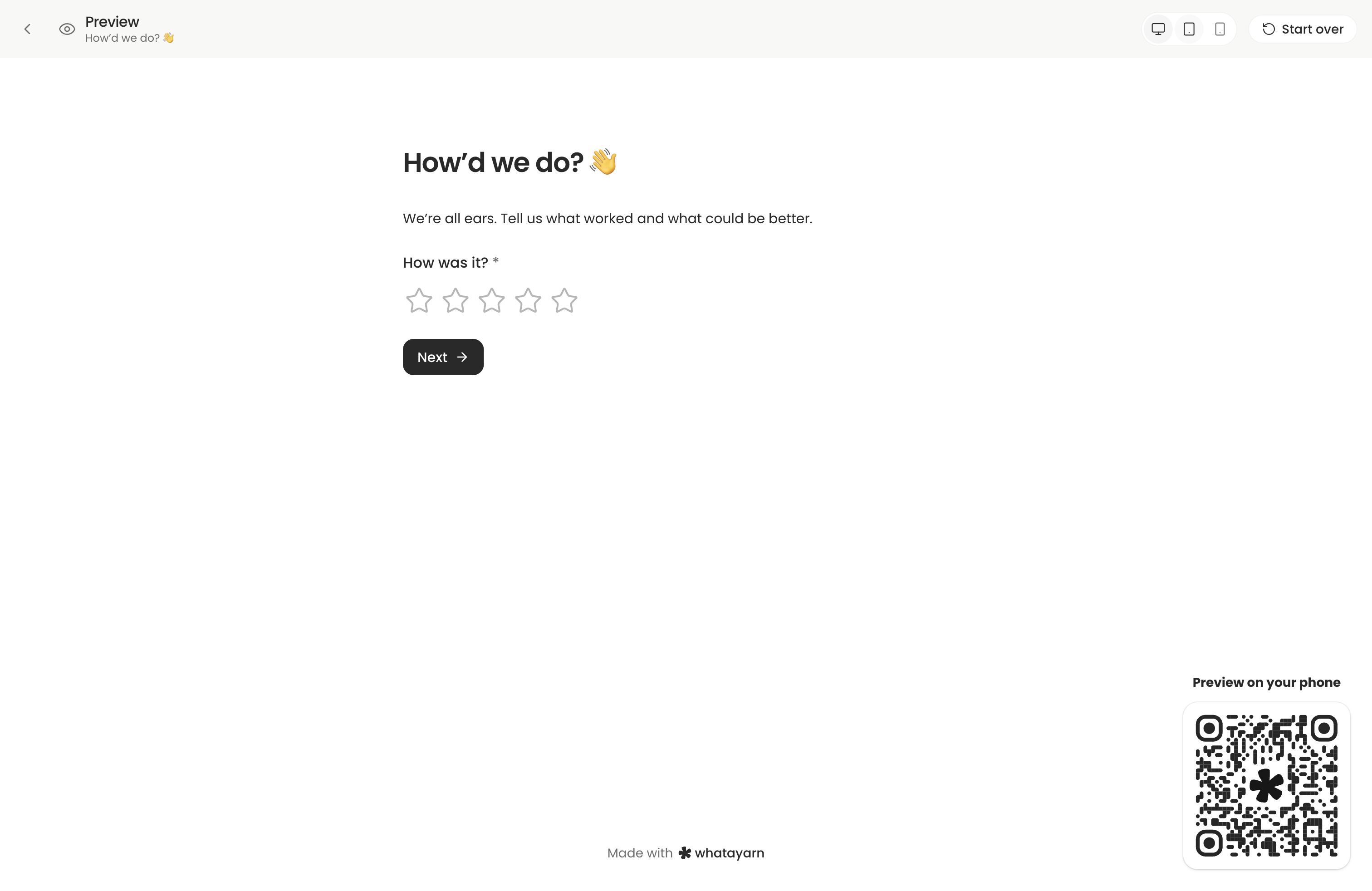 An existing feedback form in desktop Preview showing a required rating and Next button.