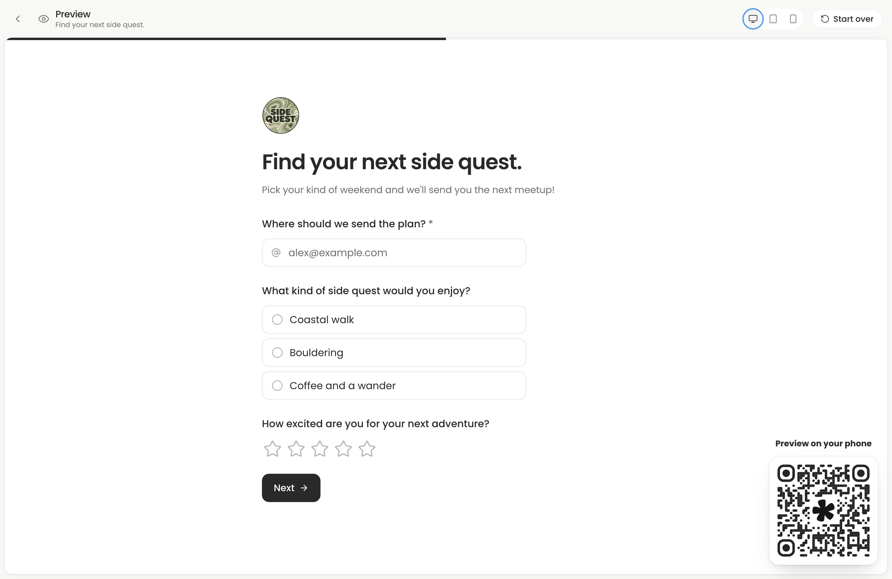 Desktop Preview with a required email, side-quest choices, a rating and Next button.