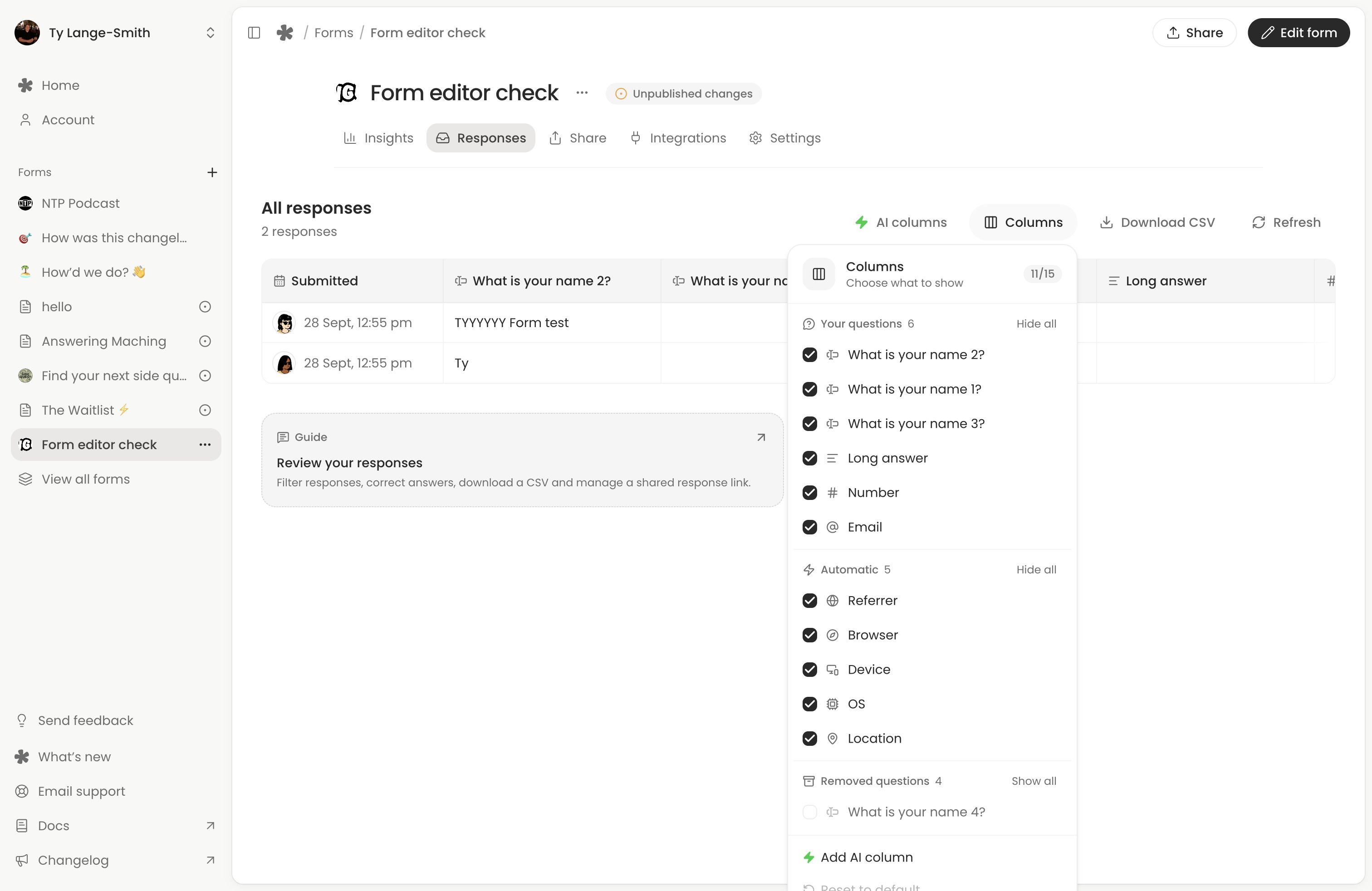 The Columns menu open with Referrer, Browser, Device, OS and Location in its Automatic group.