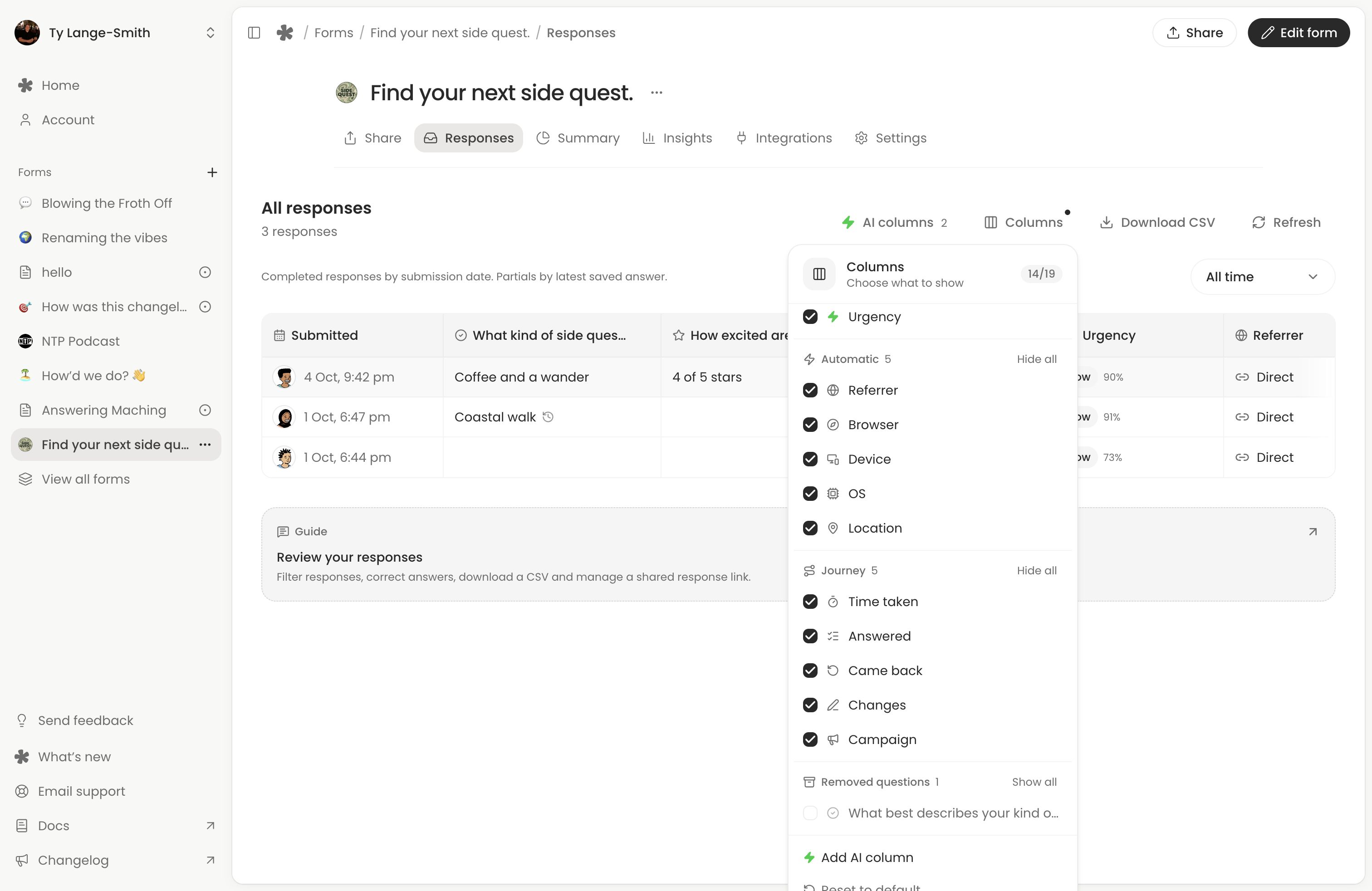 Columns menu with Referrer, Browser, Device, OS and Location under Automatic.