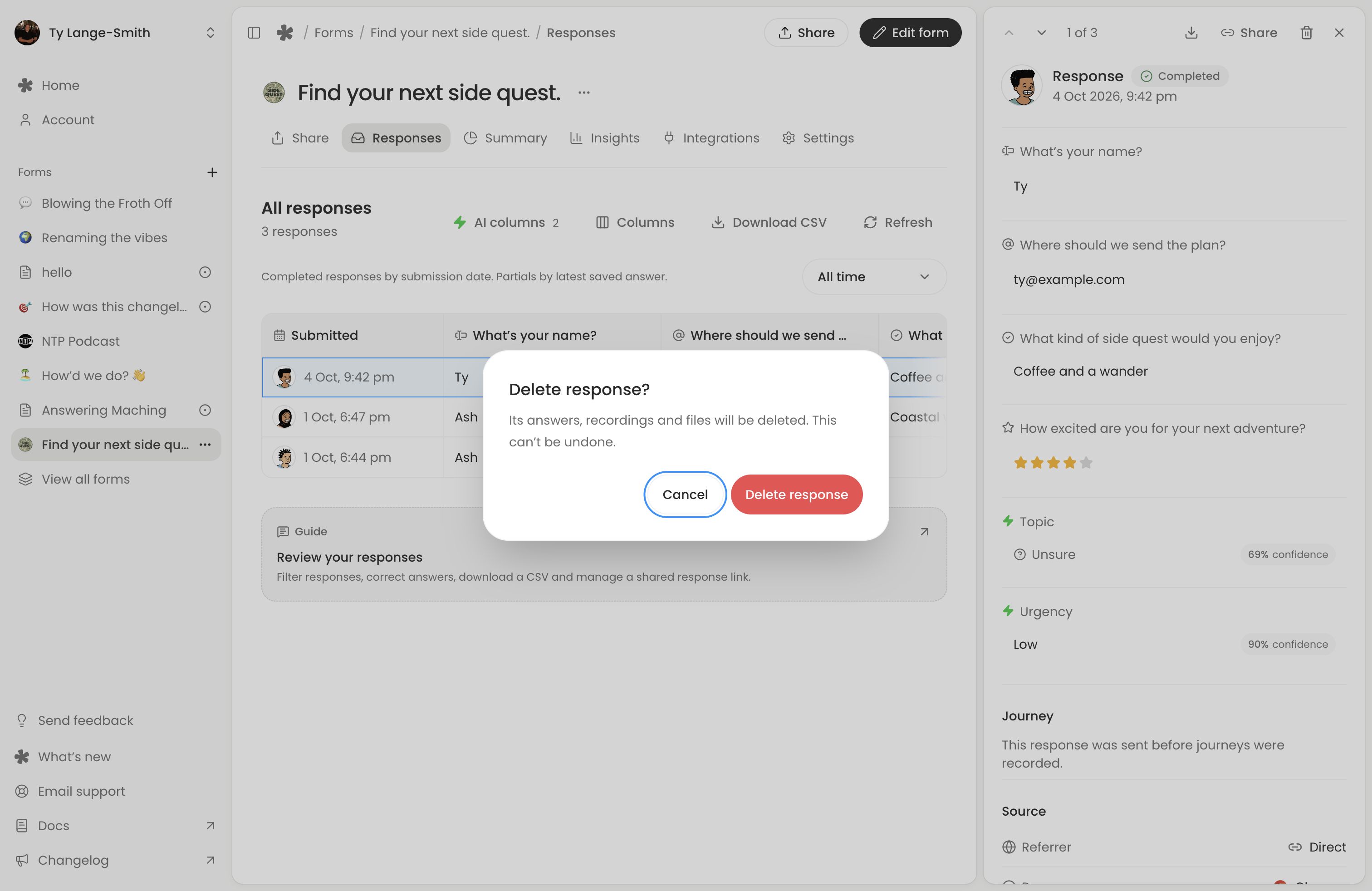 Delete response confirmation warning that answers and media will be removed.