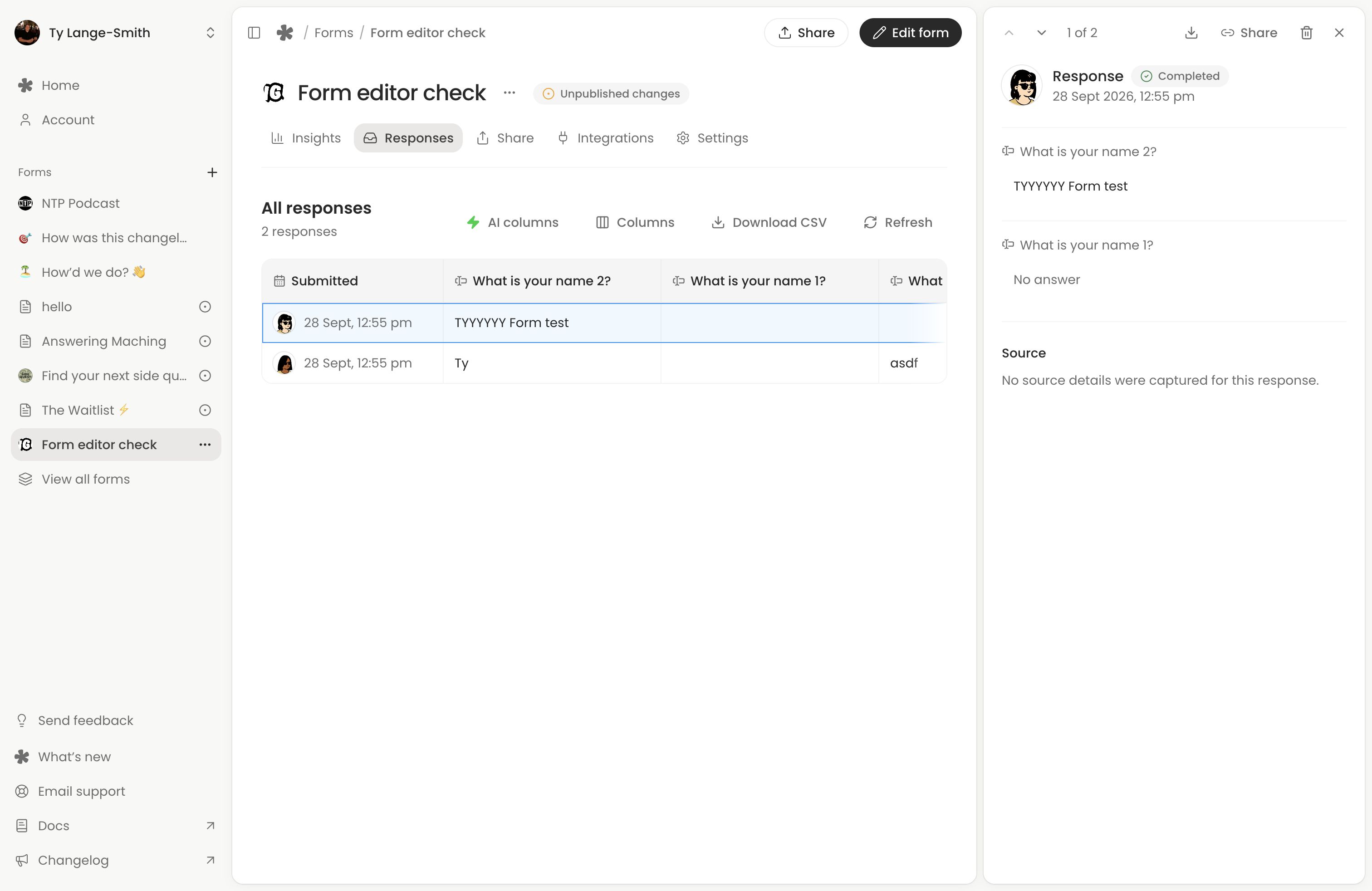 An existing test form with a completed response open in its details panel.