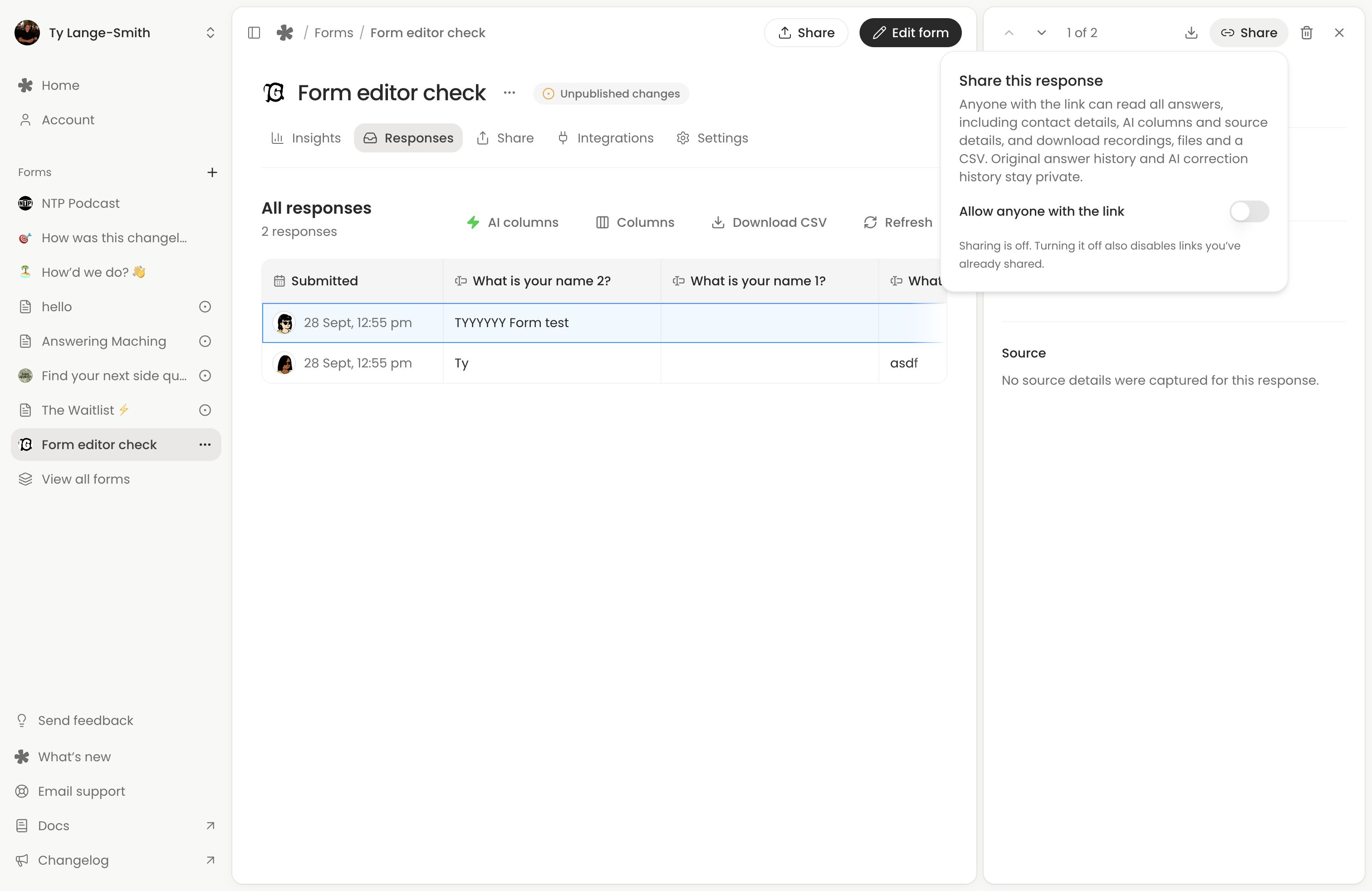The Share this response popover with sharing disabled and a description of the answers and AI columns available through an enabled link.