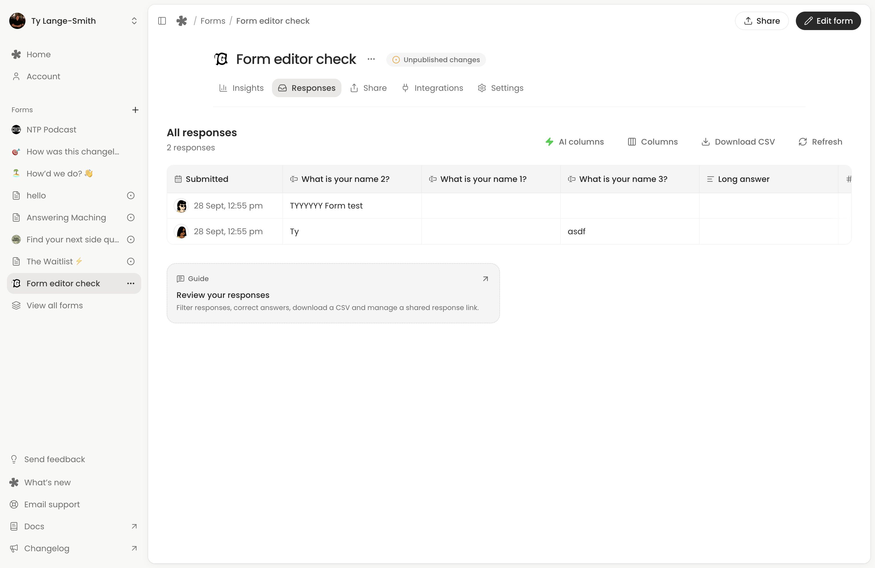 The Responses table of an existing test form, with Download CSV in its toolbar.