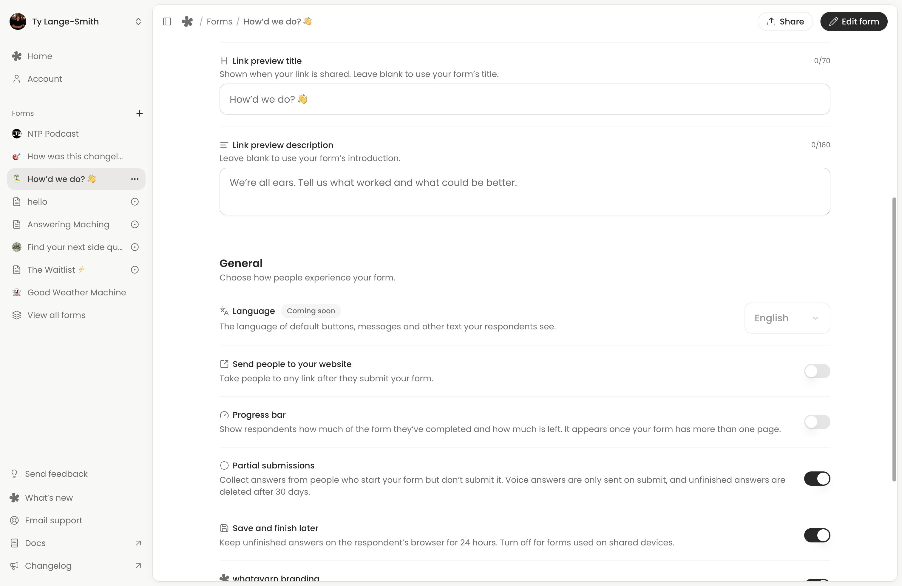 The General settings section with Progress bar, Partial submissions and Save and finish later.