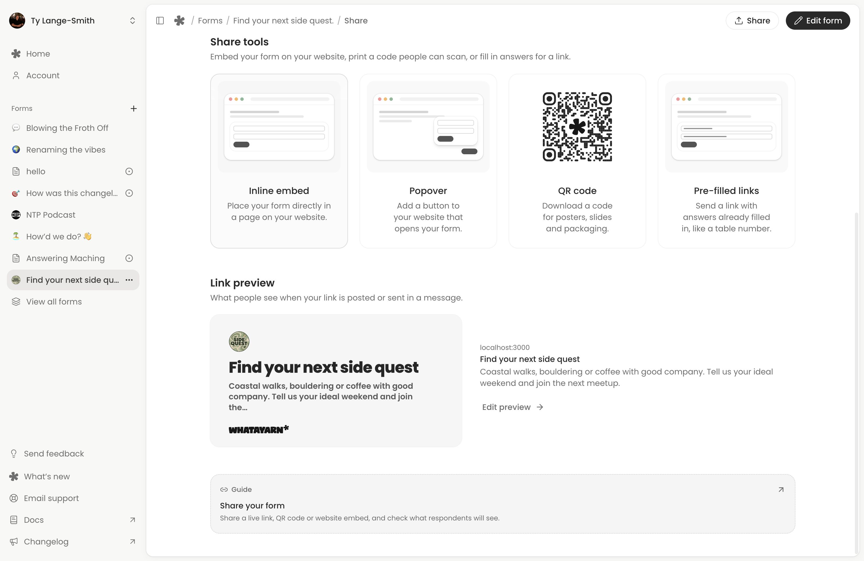 Share page with Inline embed, Popover, QR code and Pre-filled links cards.