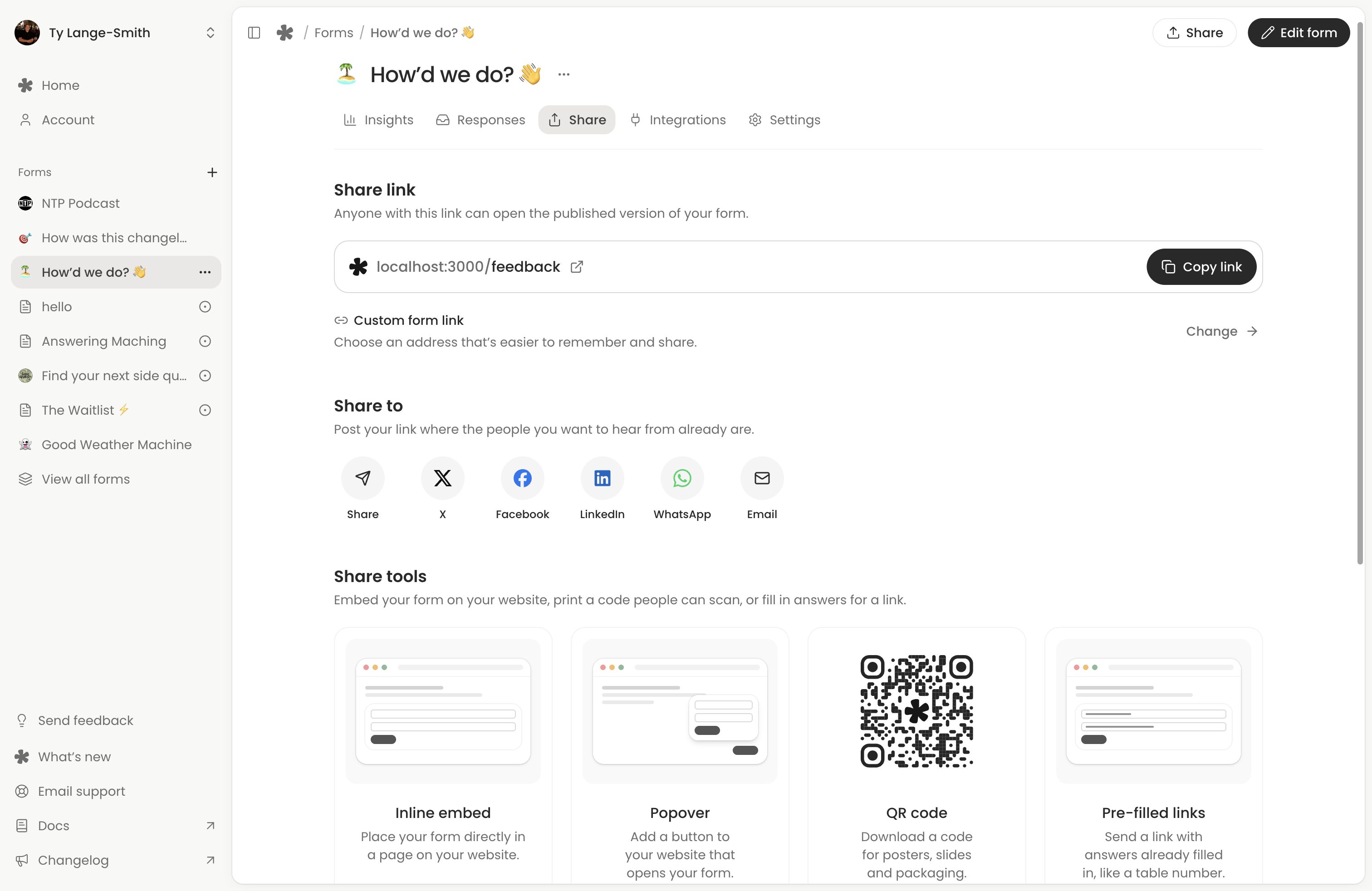 The Share tools cards for Inline embed, Popover, QR code and Pre-filled links.