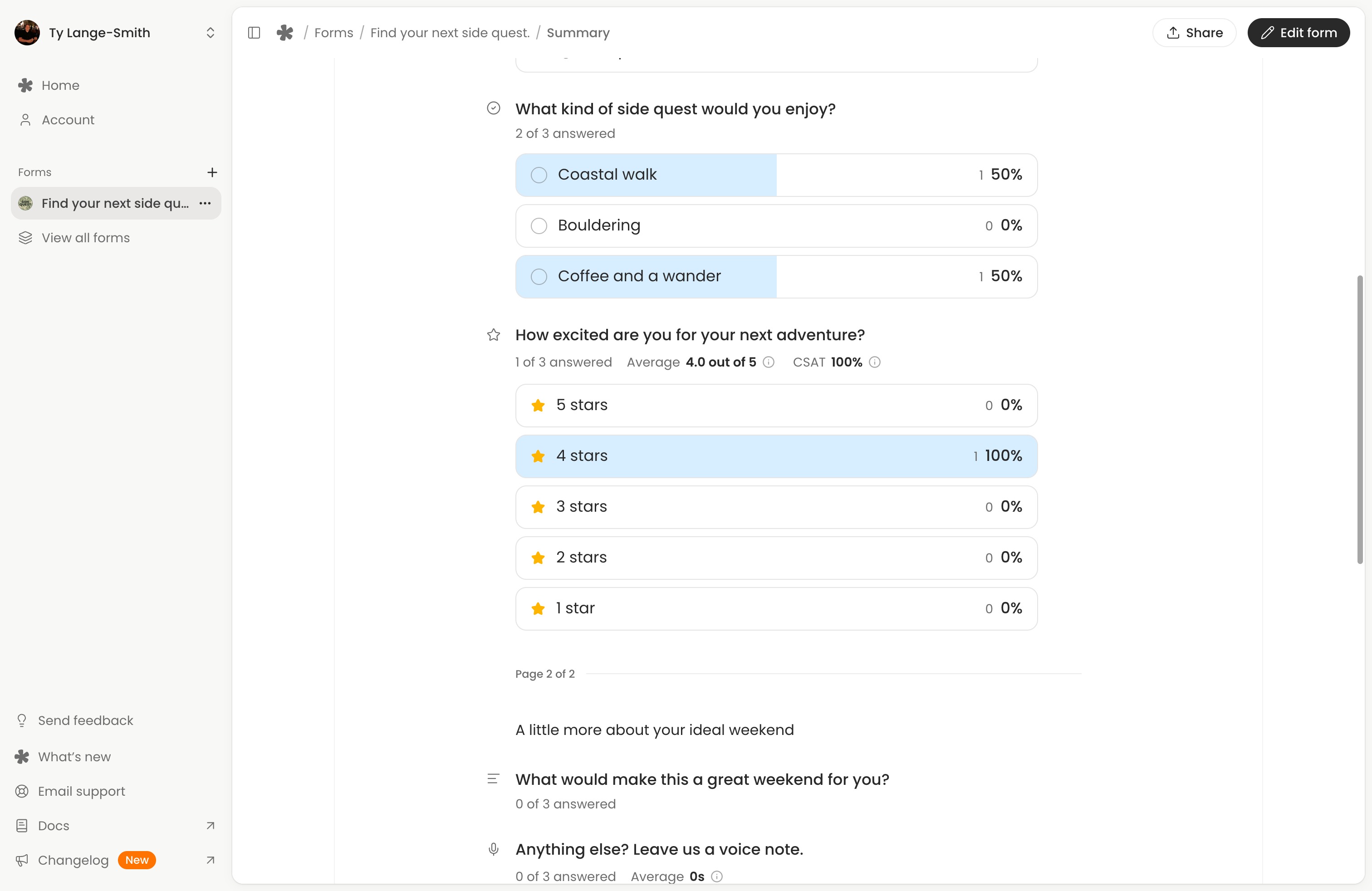 The Summary tab with choice answers and a rating distribution from completed responses.