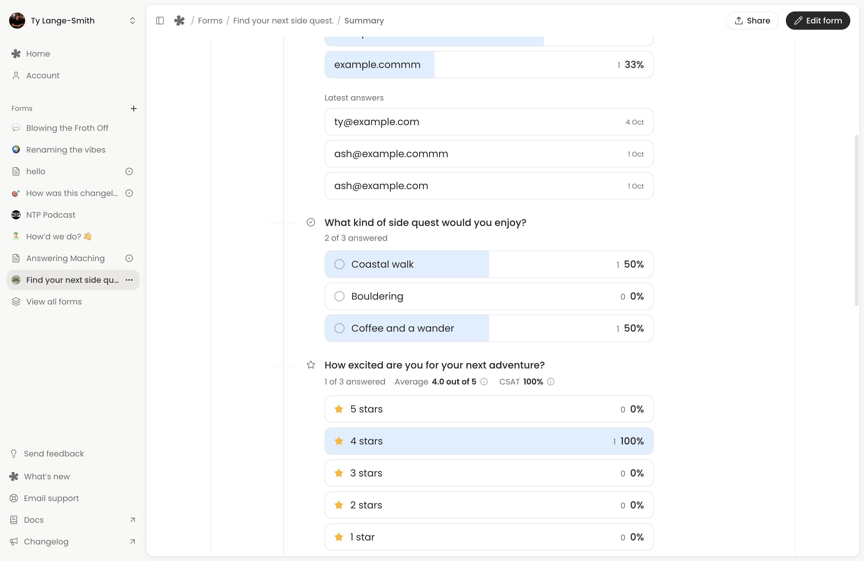 Sidequest Summary with choice answers and a rating distribution from completed responses.