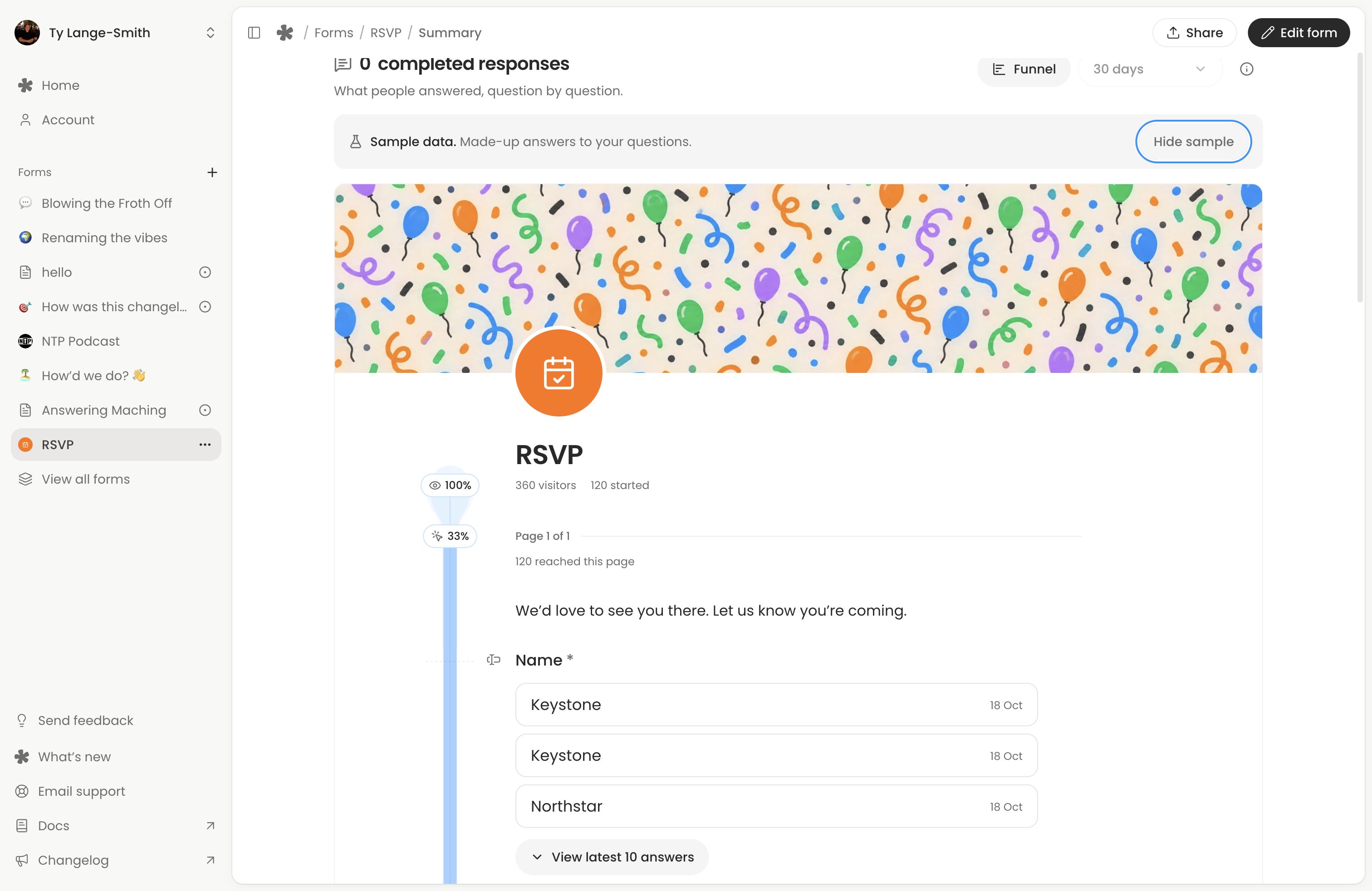 RSVP Summary with a Sample data notice and Hide sample control.