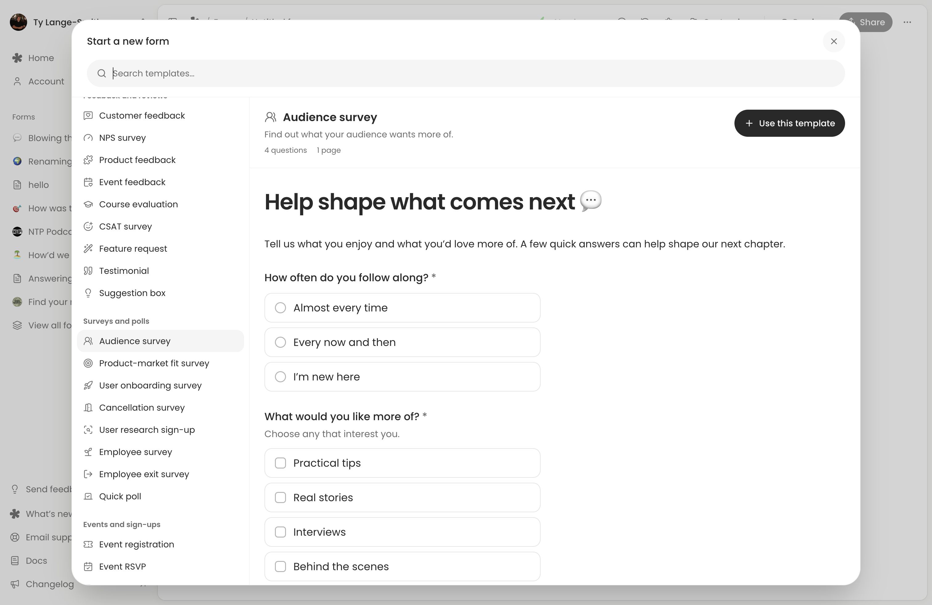 The Audience survey template preview with a single-choice question and a checkbox question.