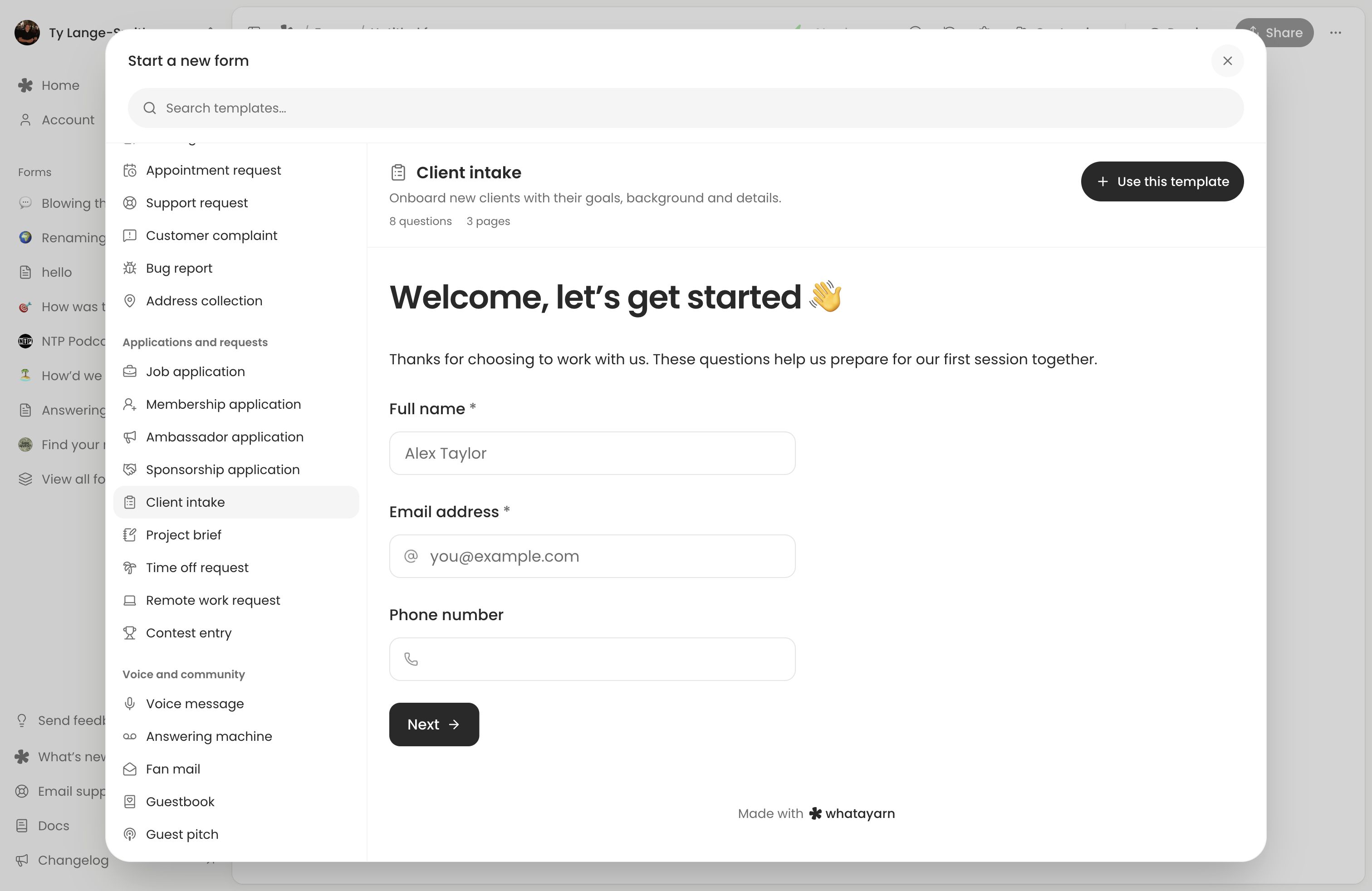 Client intake template selected with eight questions across three pages and its contact-details page visible.