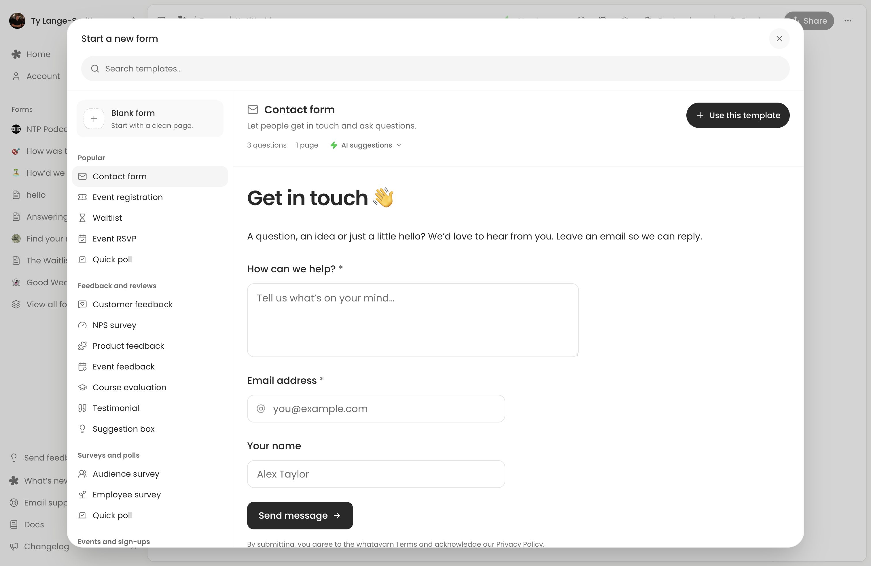 The Contact form template preview with a long-answer request, email address and optional name question.