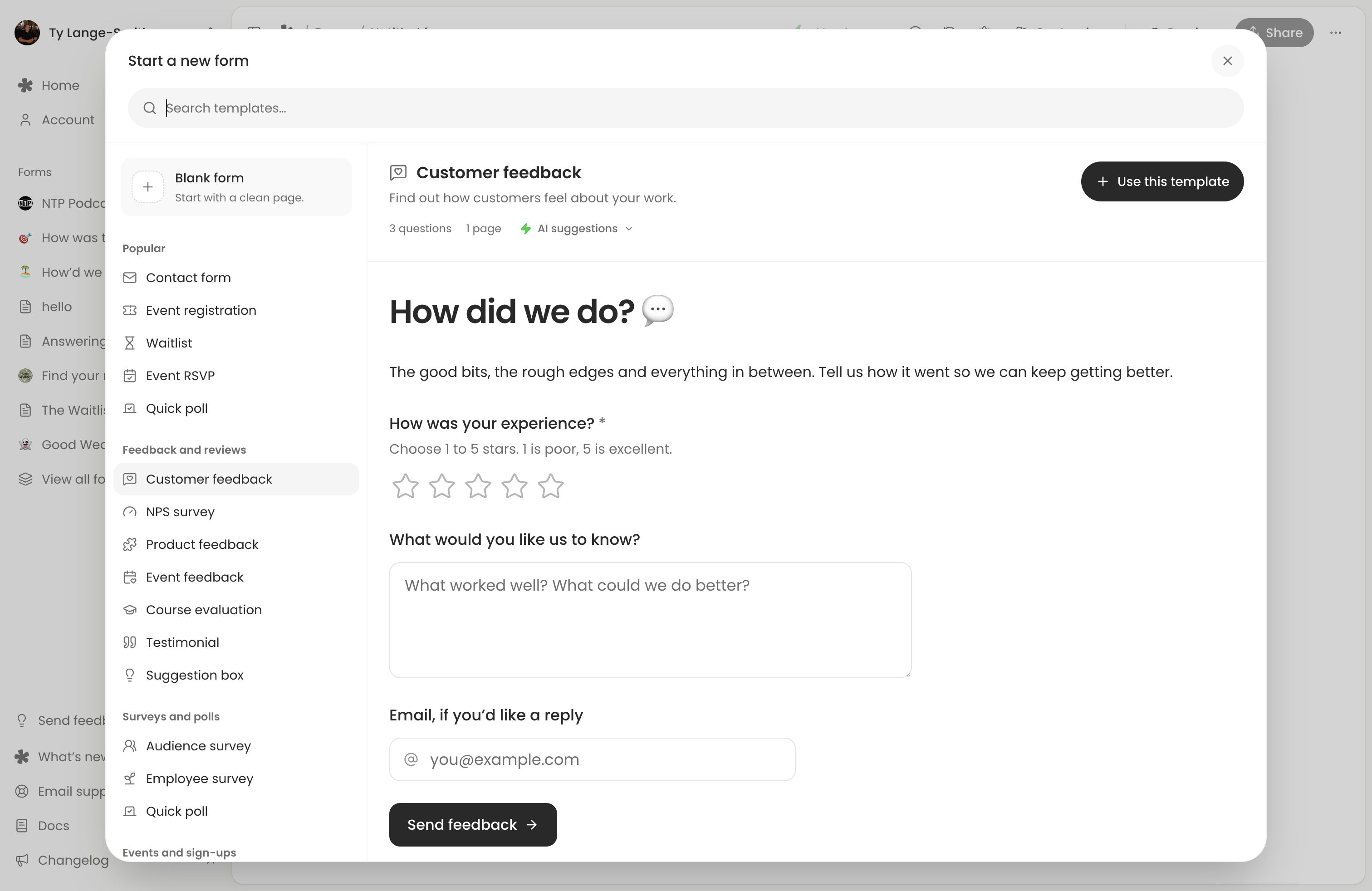 Customer feedback selected in the gallery, with a rating, written feedback and optional email question.