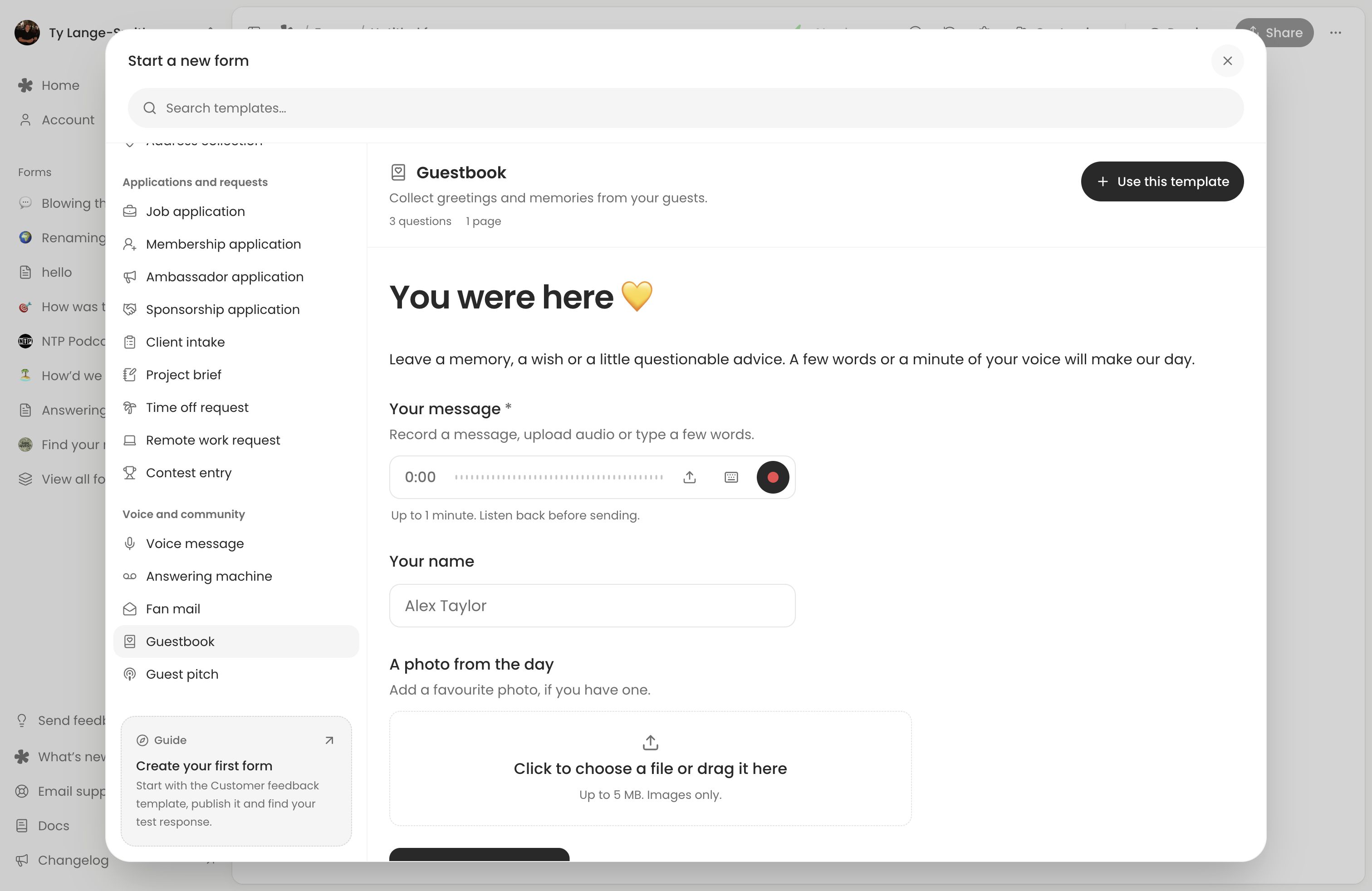 Guestbook template with a voice or typed message and optional photo upload.