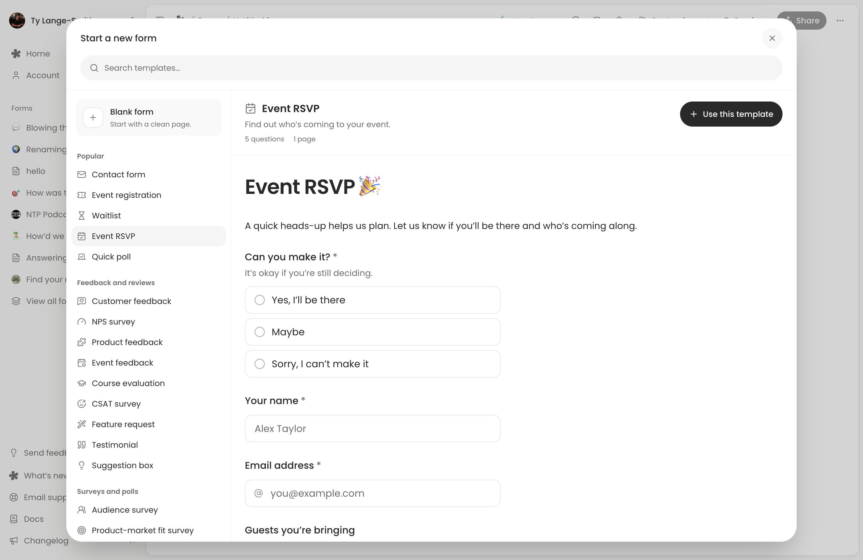 Event RSVP template with attendance choices, name, email and guest questions.