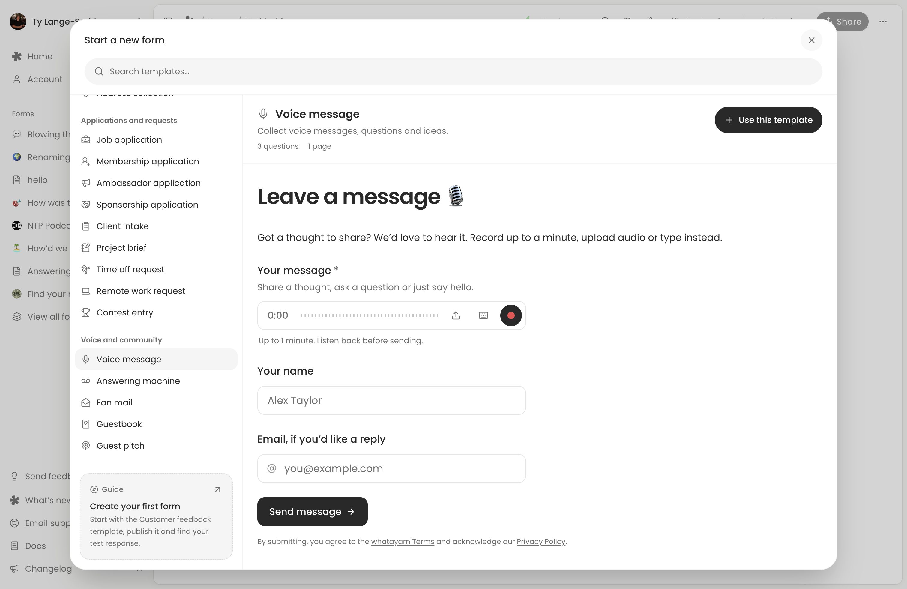 Voice message template with recording, upload, typed-answer and contact controls.