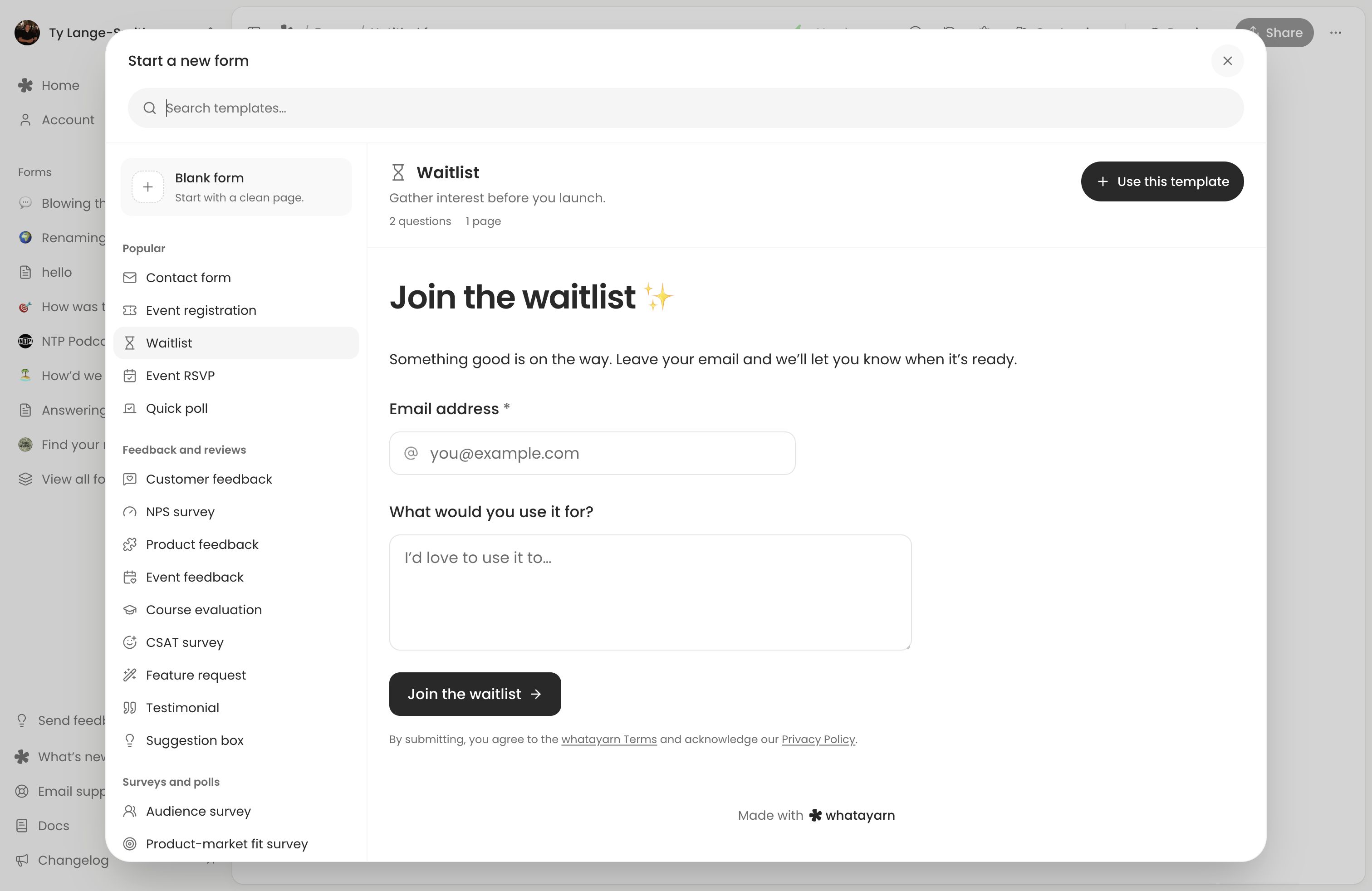 Template gallery with Waitlist selected, a required email and an optional use-case question.