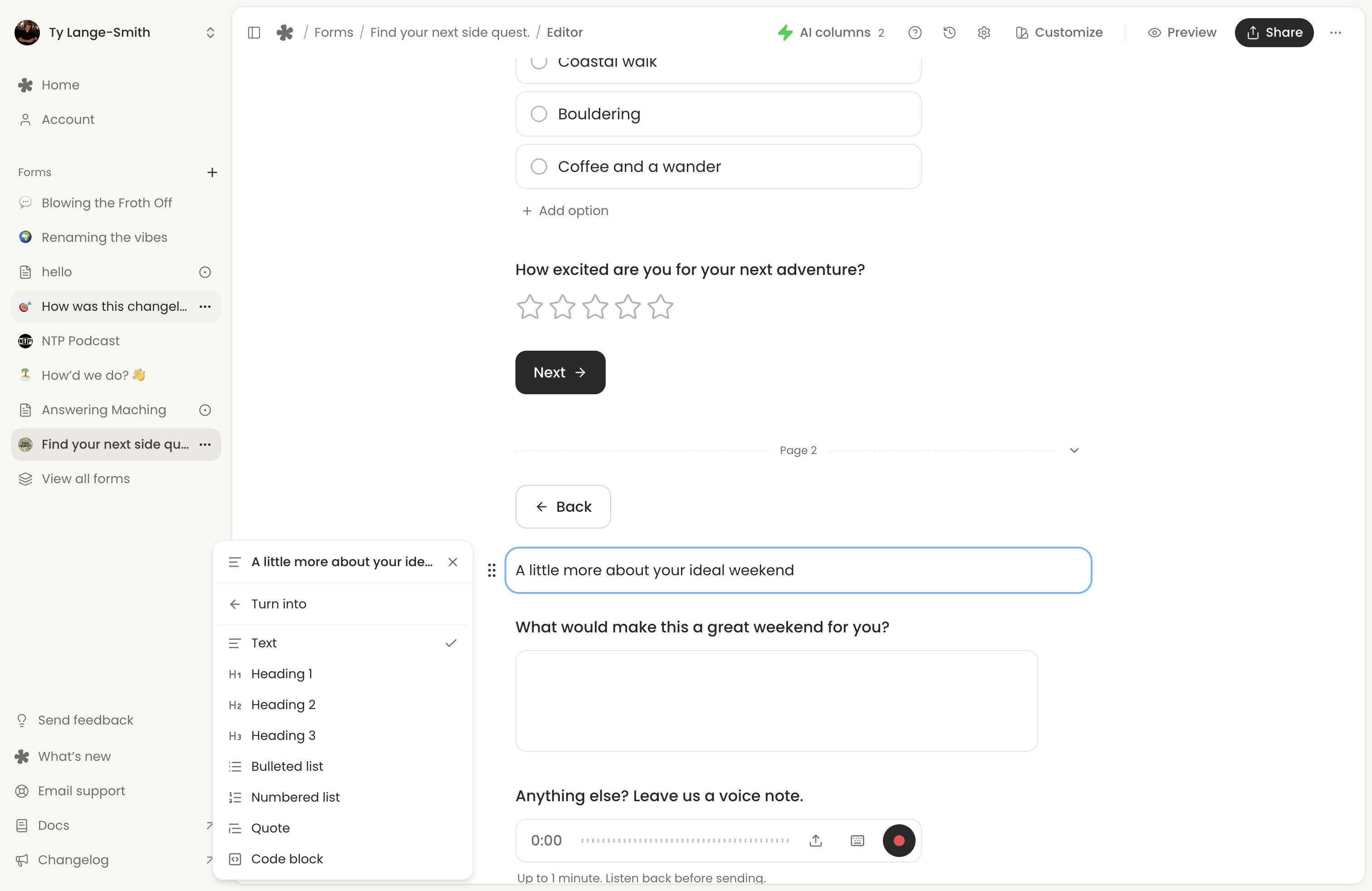 Text block’s Turn into menu with text, heading, list, quote and code options.