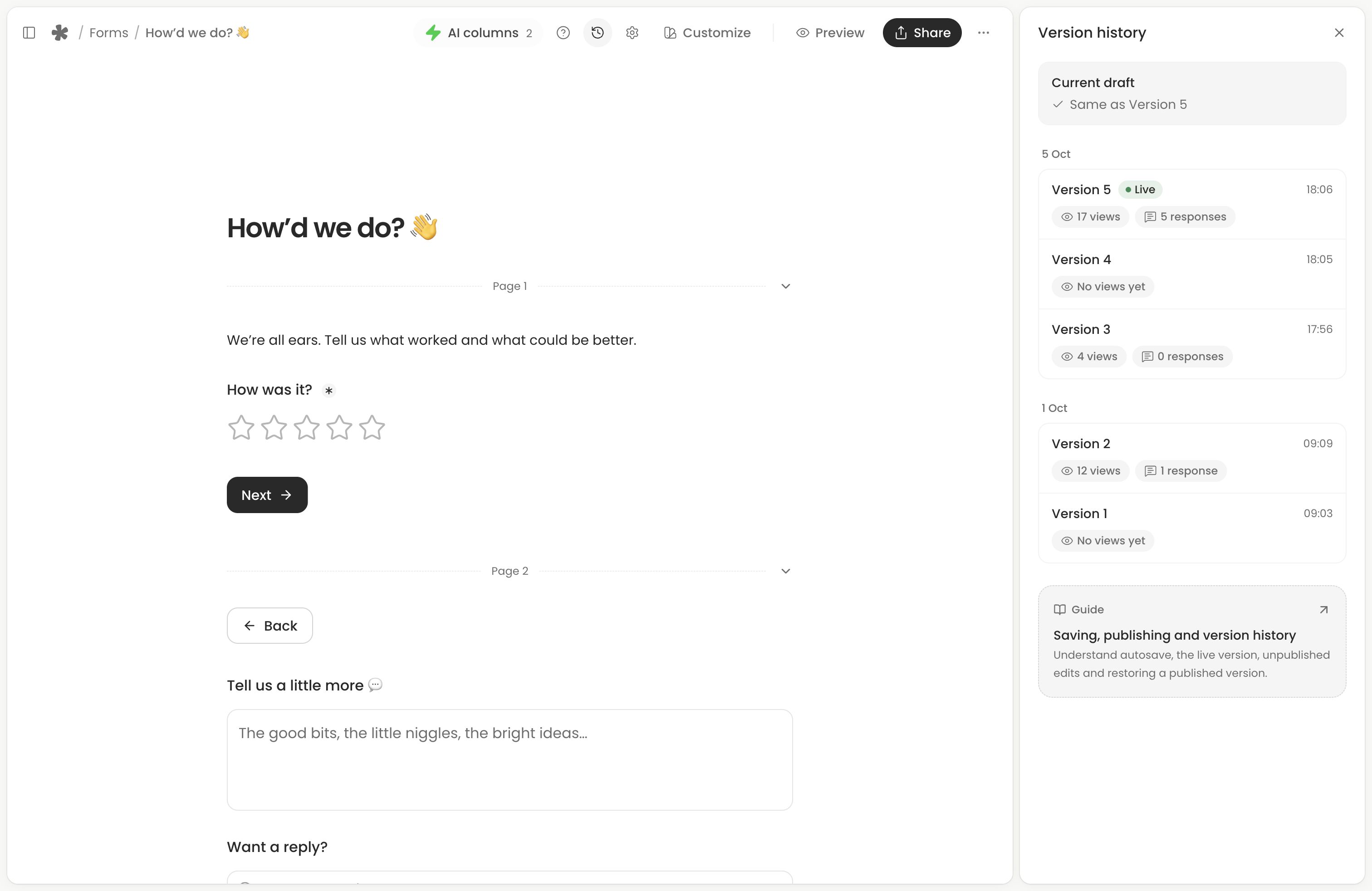 Version history beside the form editor, showing a Live version and the current draft.