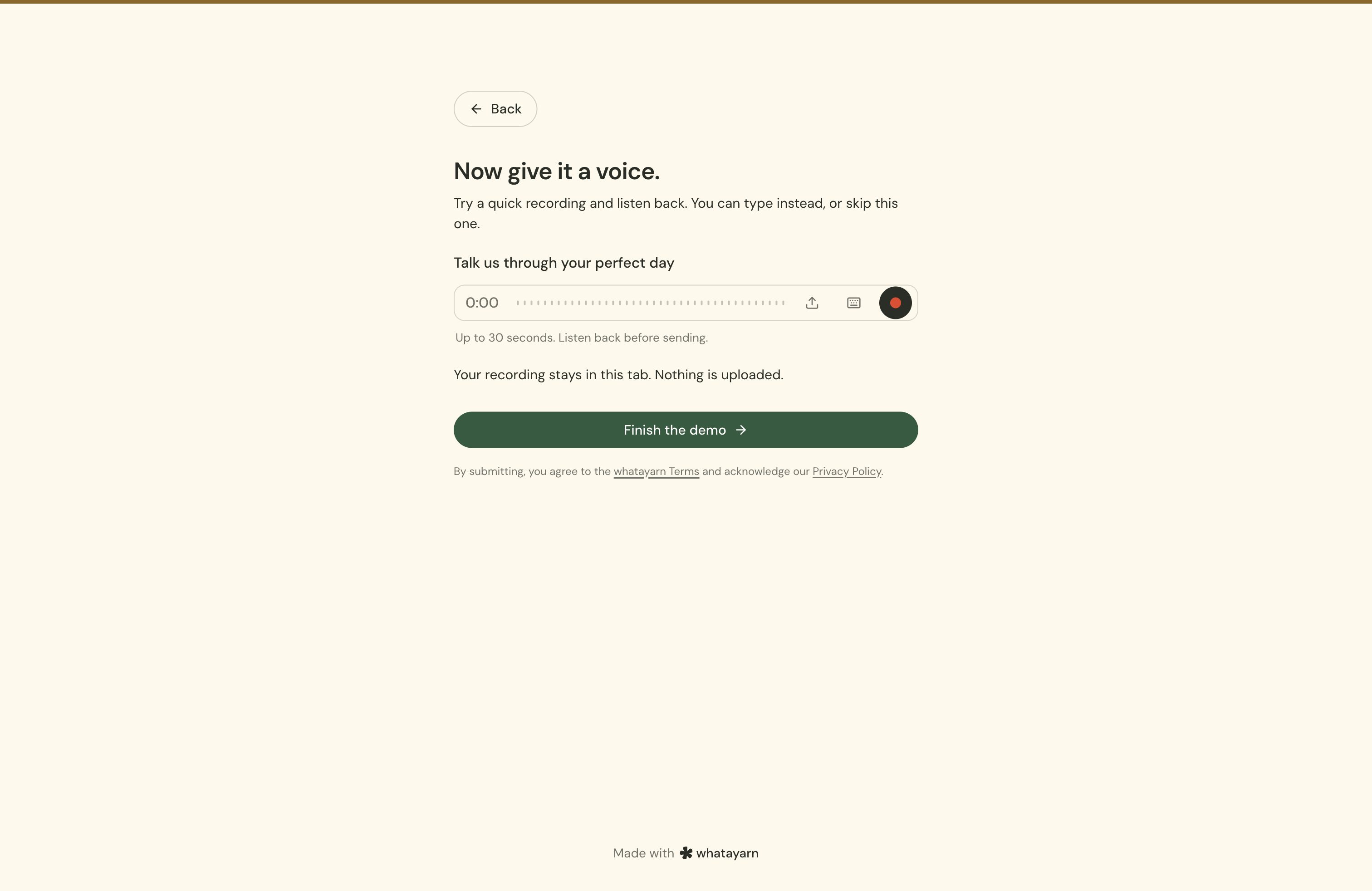 A demo voice question with recording, audio upload and Type instead controls and a thirty-second limit.