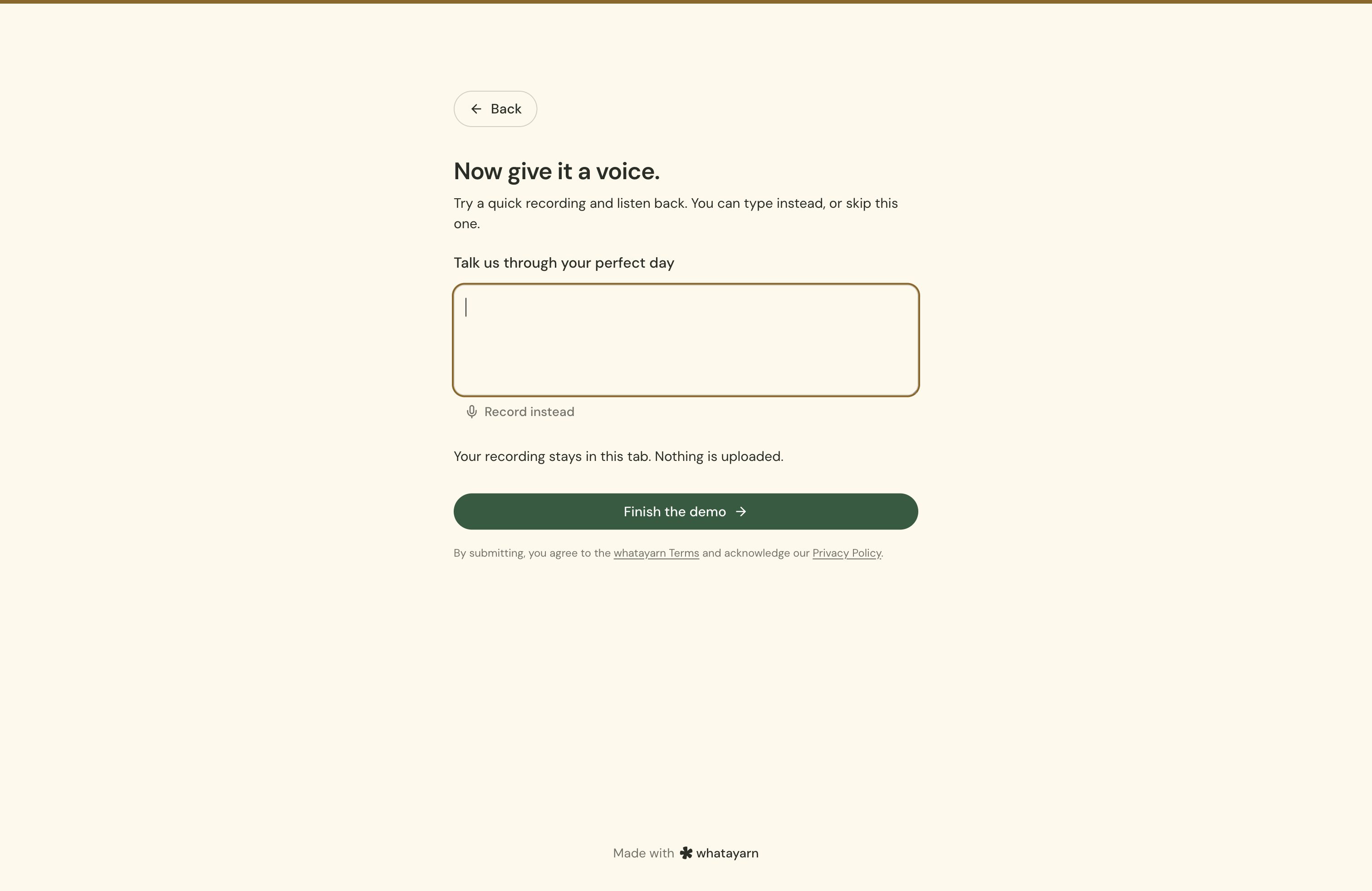The demo voice question showing its typed-answer field and Record instead option.