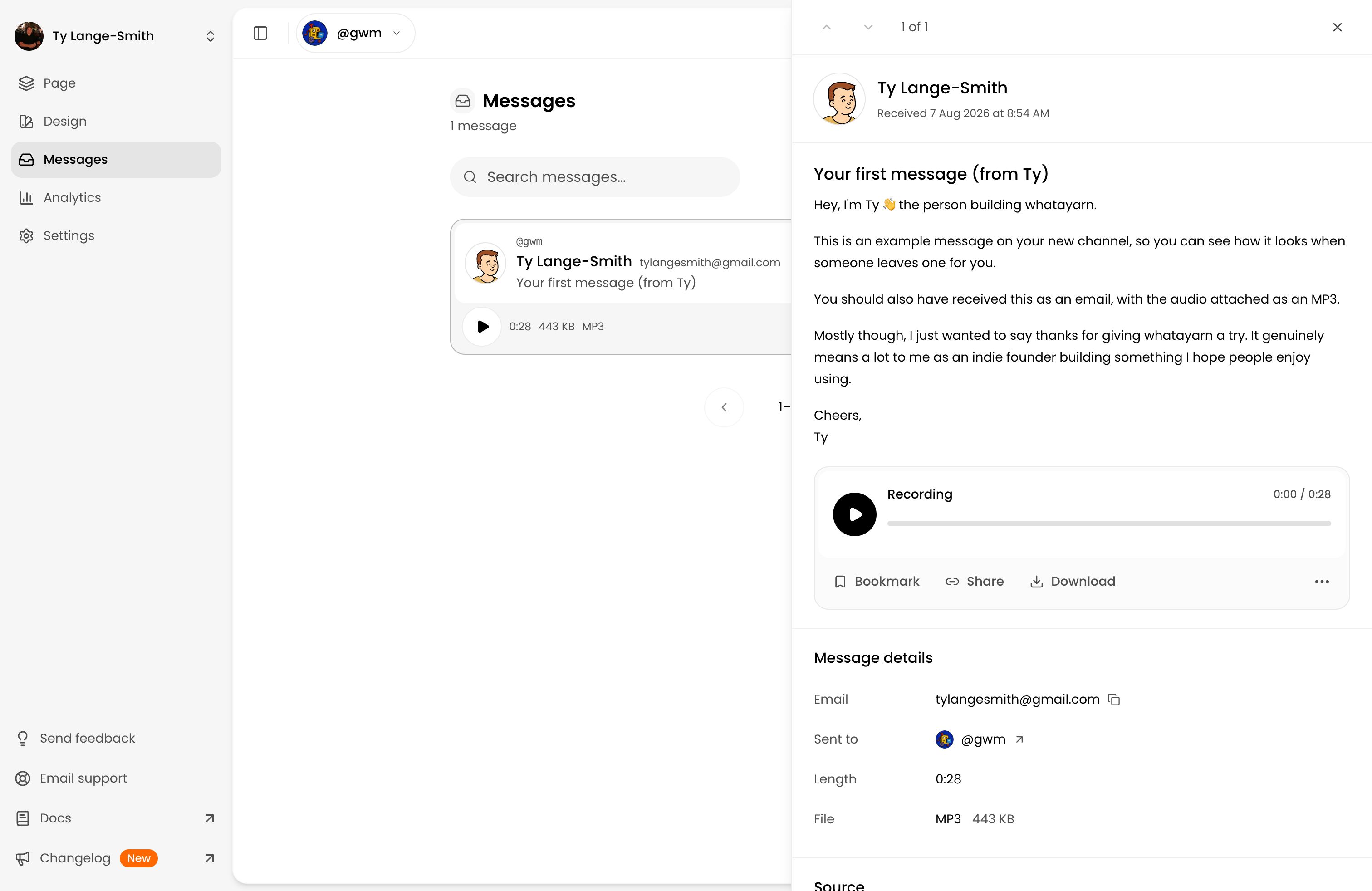 The creator's inbox with a welcome message open, showing playback, sender details, and message actions
